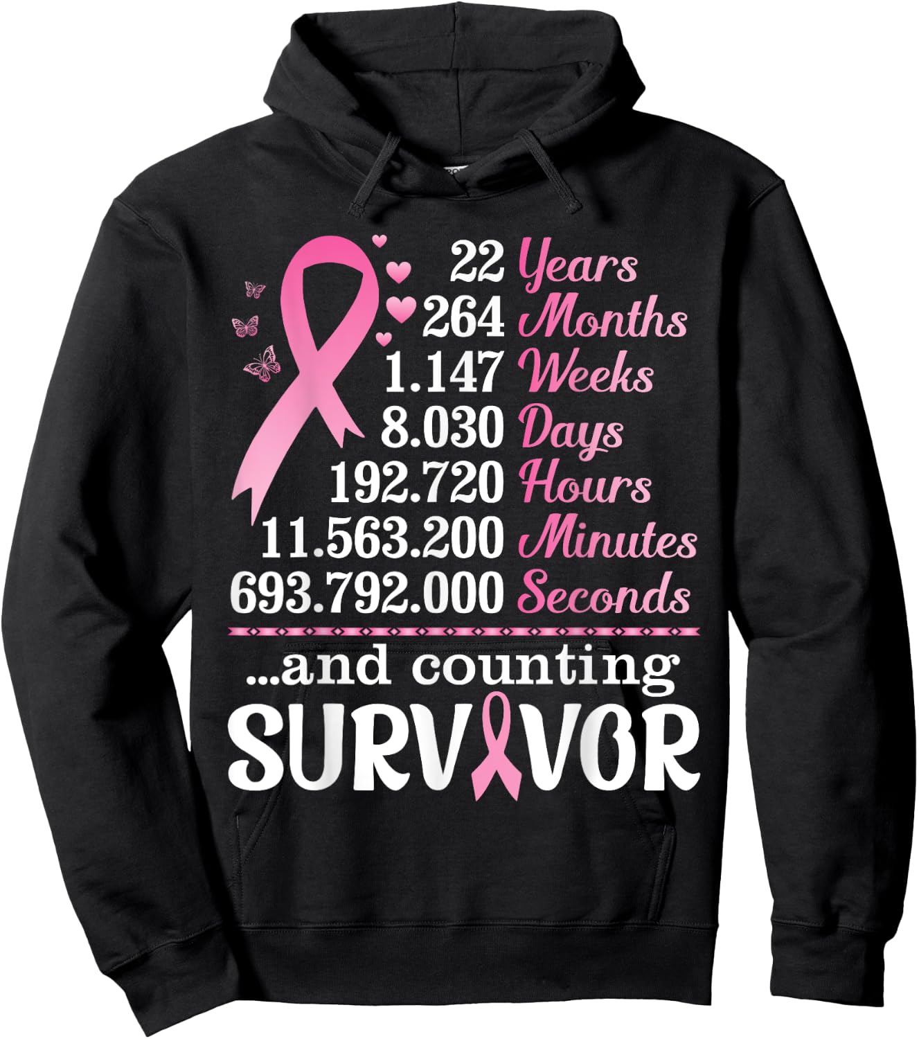 22 Years 264 Months Fighting Breast Cancer Counting Survivor Hoodie - Hoodie | Black