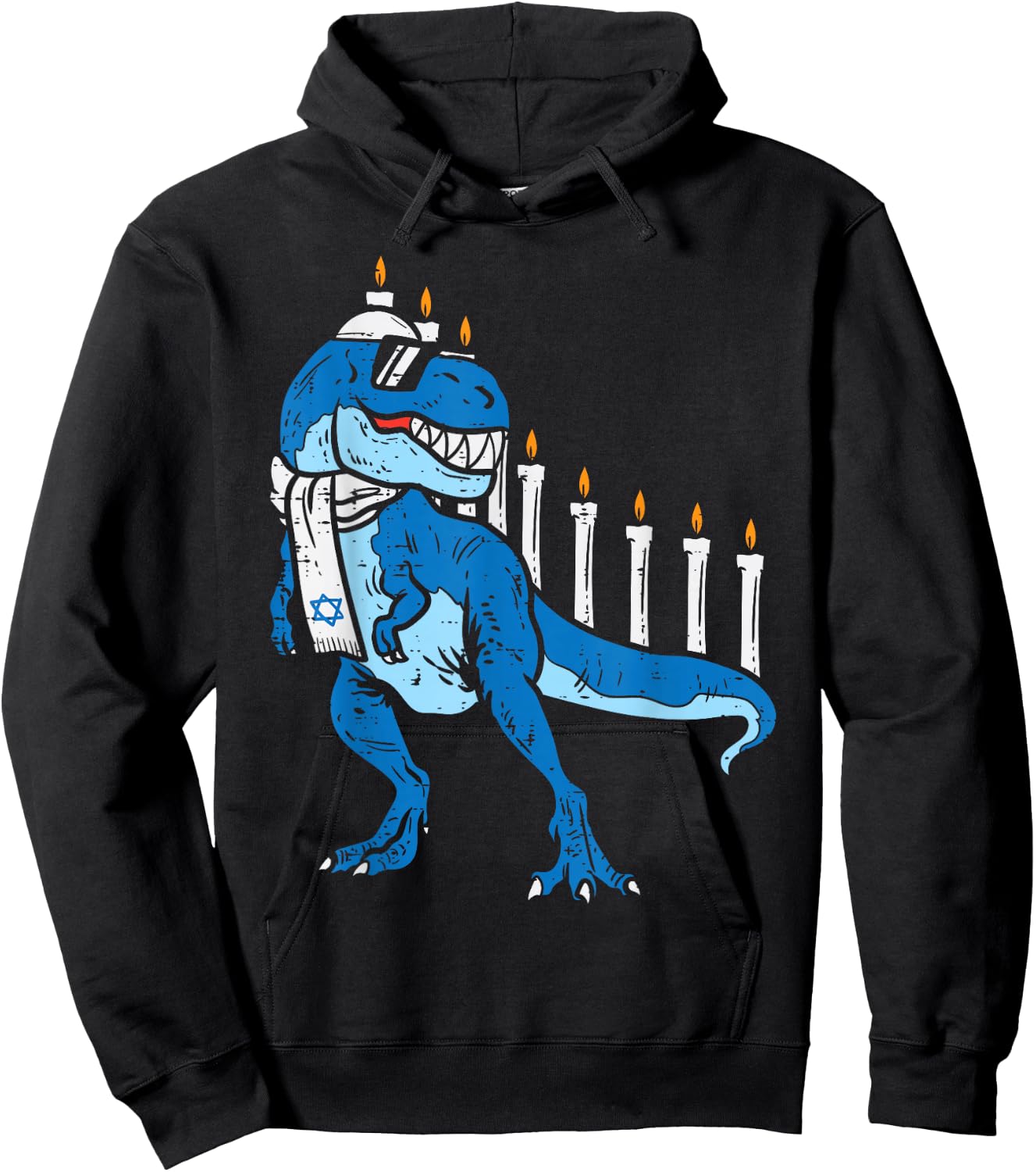 BoredKoalas Hanukkah Shirts Jew Chanukah Gifts Trex Dinosaur Menorah Kids Boys Black Short Sleeve Classic Fit Cotton Polyester Hoodie - Hoodie | Black