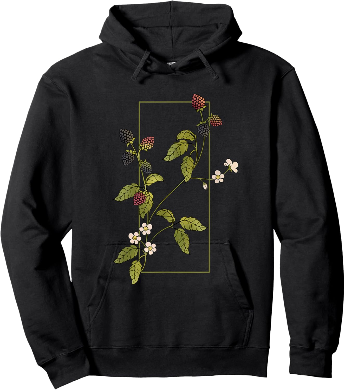Blackberries Branch with Leaves and Blossoms Hoodie - Hoodie | Black