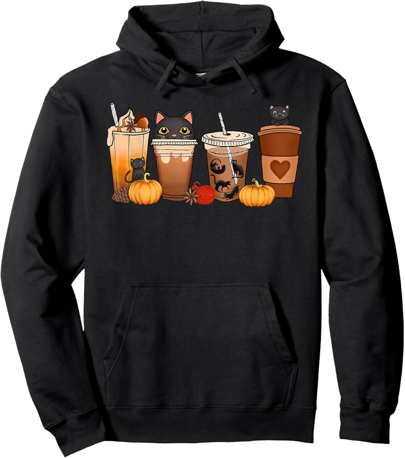 Black Cat Halloween Iced Coffee Cups Fall Pumpkin Kitten Women Kids Hoodie - Hoodie | Black