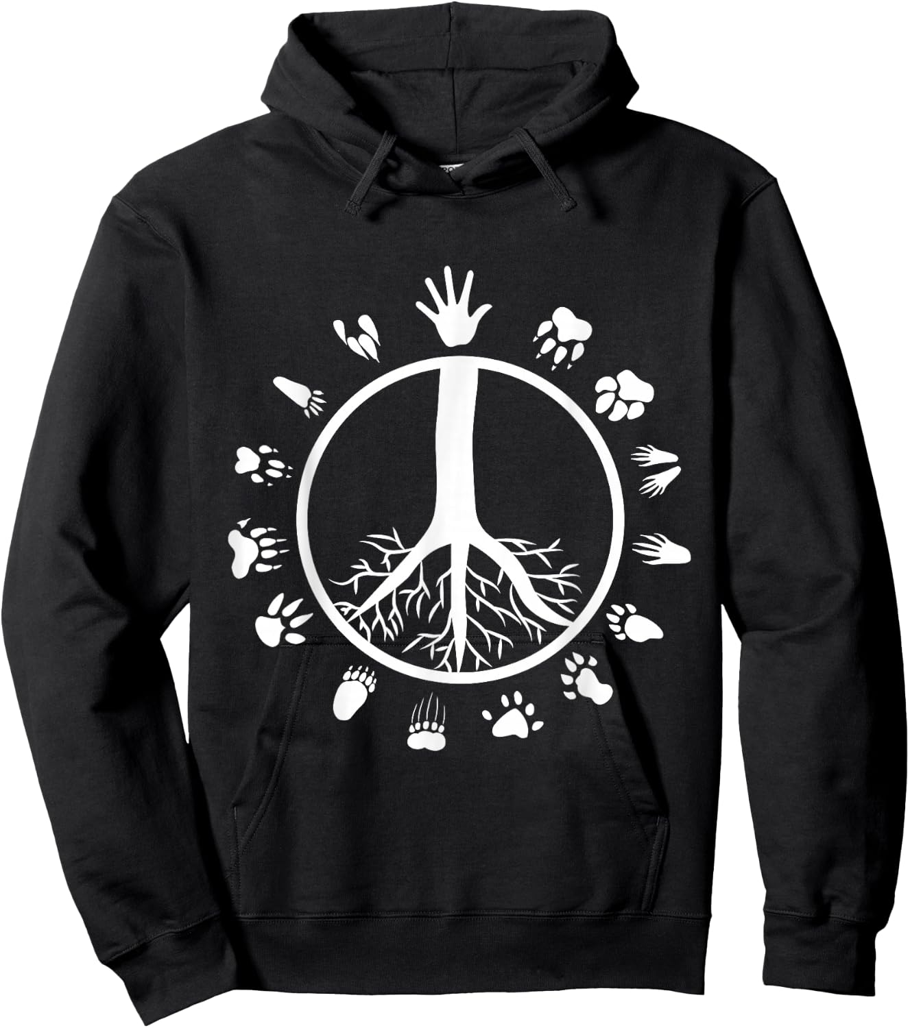 Peace Sign Tree Roots Animal Footprints Vegan Hoodie - Hoodie | Black