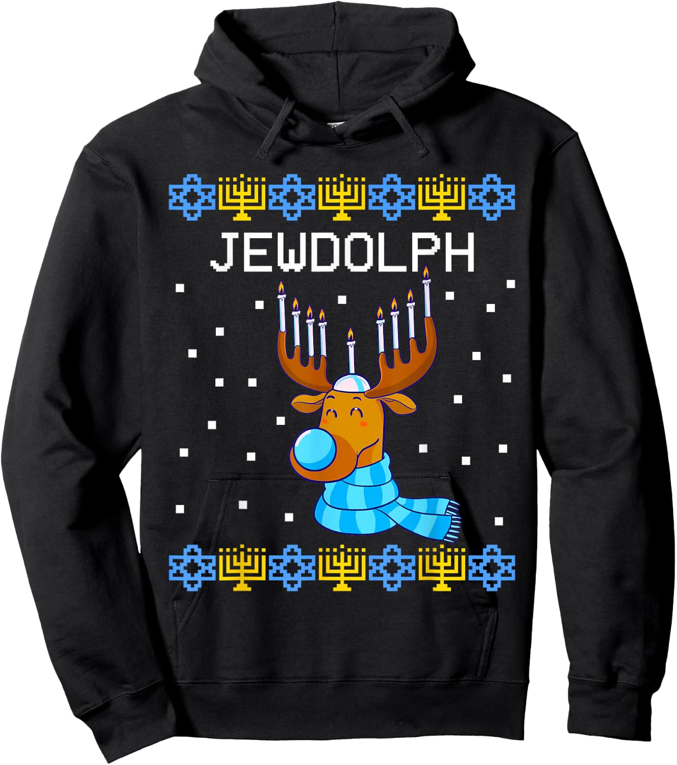Jewdolph Ugly Hanukkah Sweater Reindeer Menorah Chanukah Hoodie - Hoodie | Black