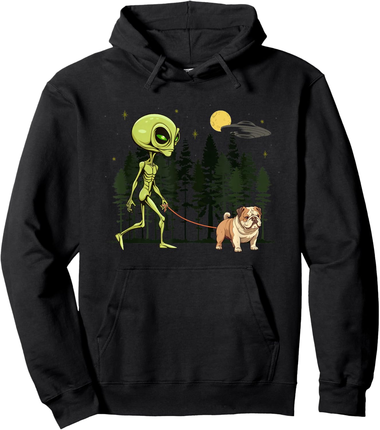 Funny English Bulldog Alien Walking UFO Pet Dog Mom Dad Hoodie - Hoodie | Black