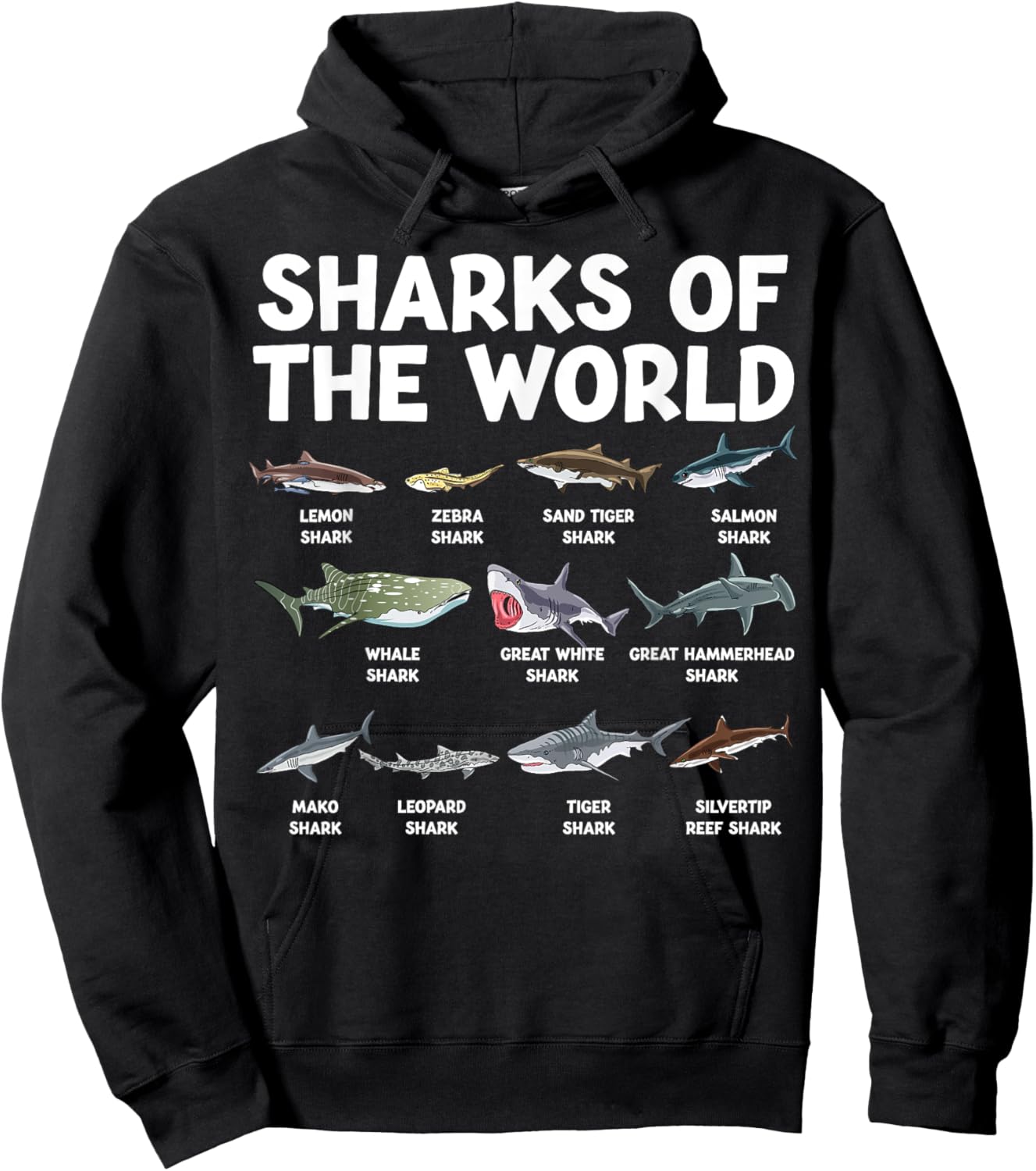 Sharks Of The World Kawaii Types Of Sharks Sea Animal Shark Hoodie - Hoodie | Black