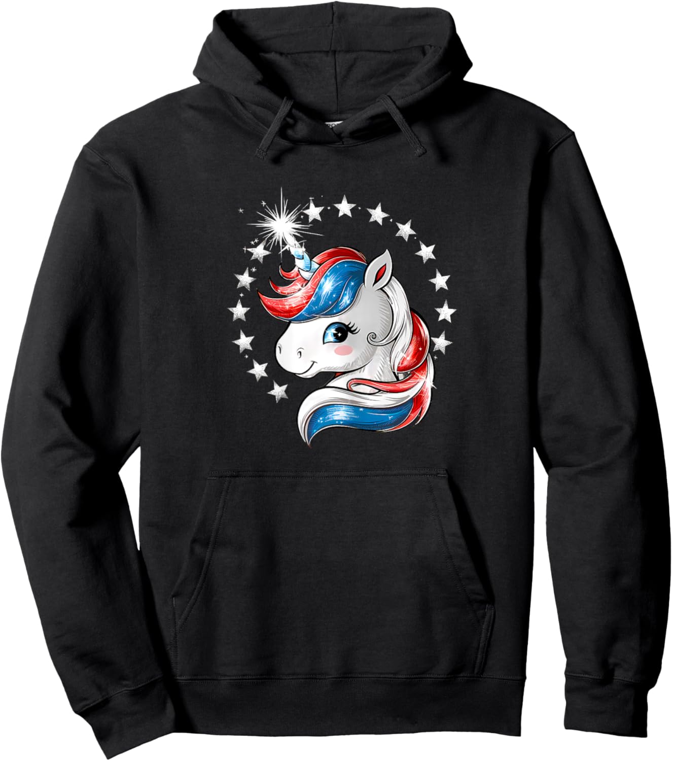 Patriotic Unicorn 4th of July Red White Blue Stars Girls Hoodie - Hoodie | Black