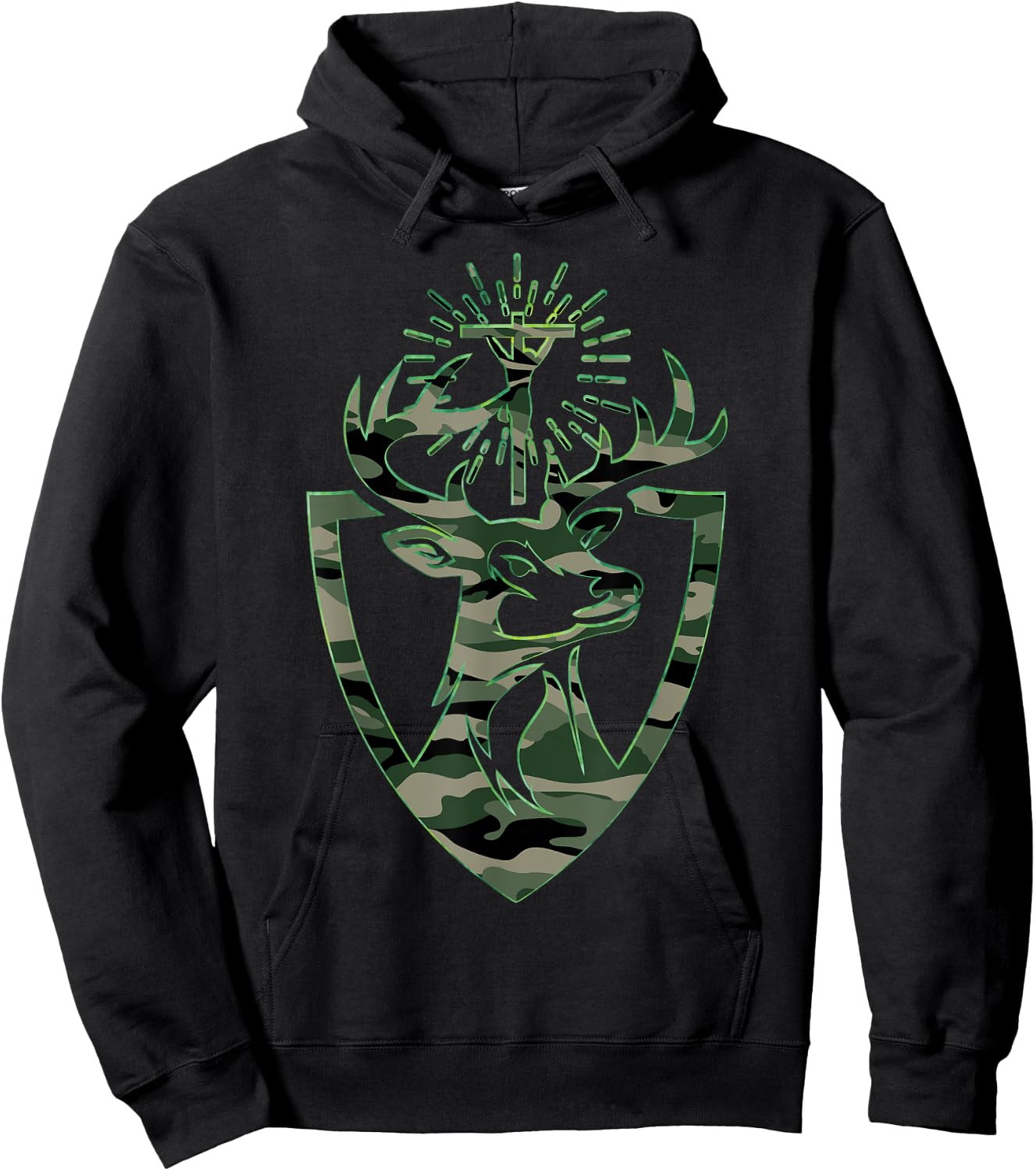 Hubert Hubertus Patron Saint of Hunters Stag Camo Men Hoodie - Hoodie | Black