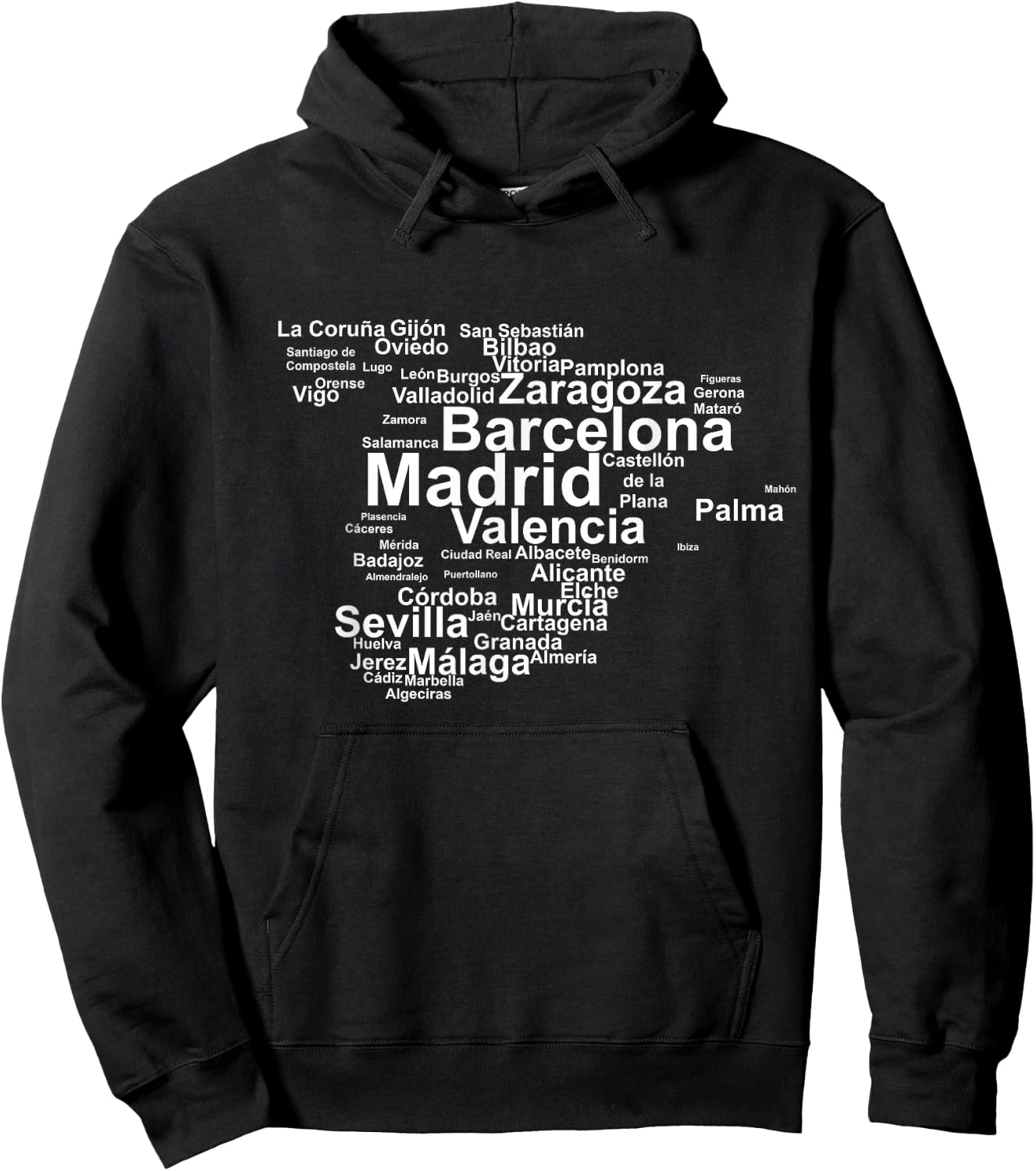 Spain Map Silhouette Towns Cities Madrid Travel Espana Hoodie - Hoodie | Black