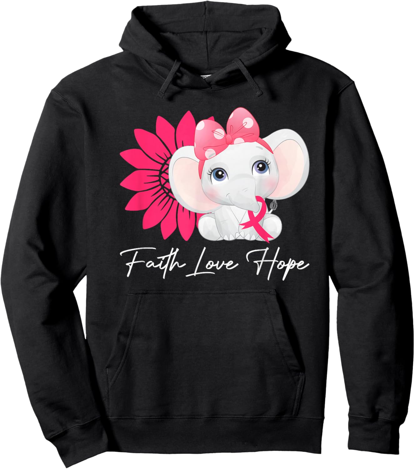 Breast Cancer Cute Elephant With Sunflower and Pink Ribbon Hoodie - Hoodie | Black