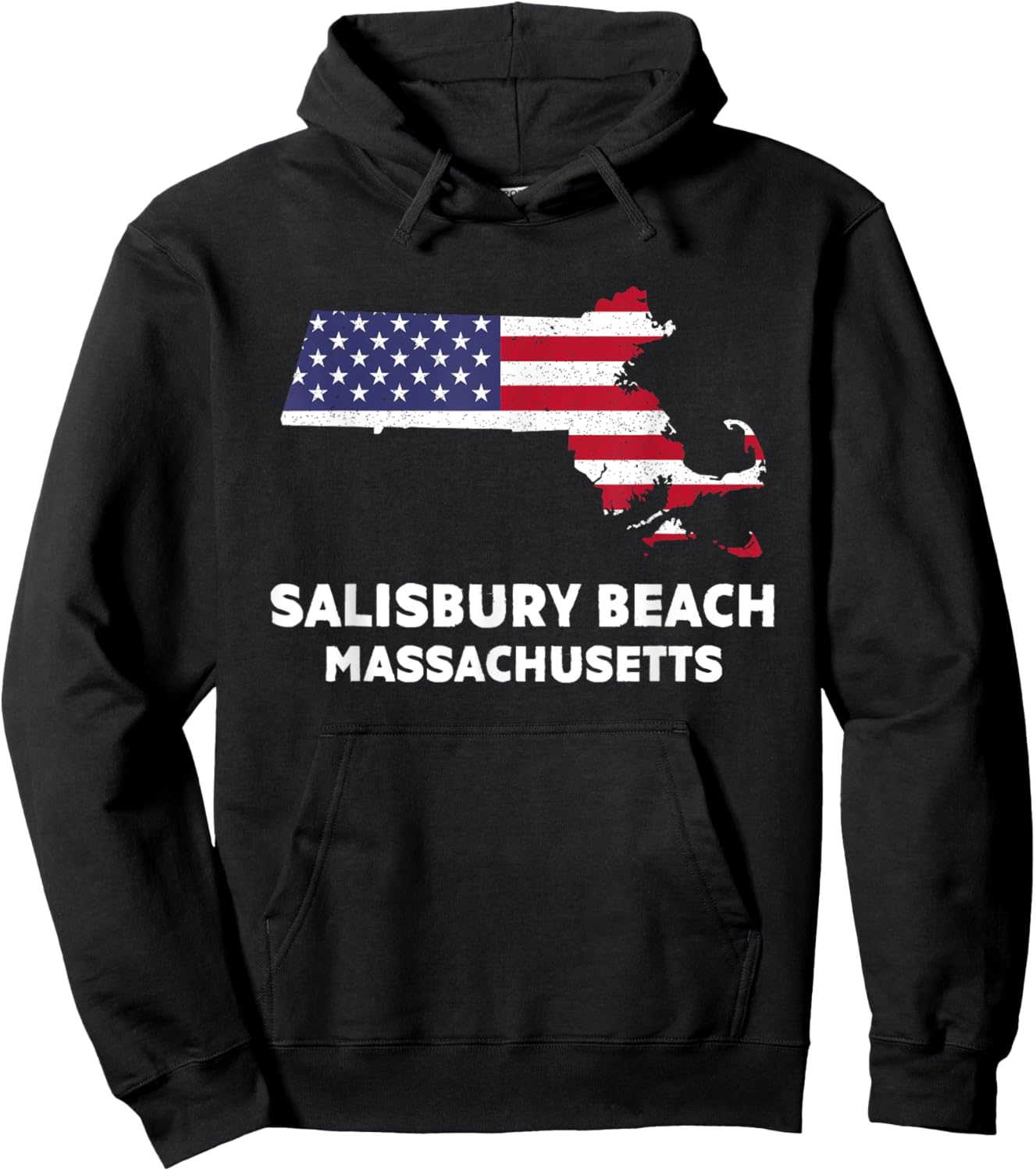 Distressed Patriotic USA Flag Salisbury Beach, MA Women Men Hoodie - Hoodie | Black
