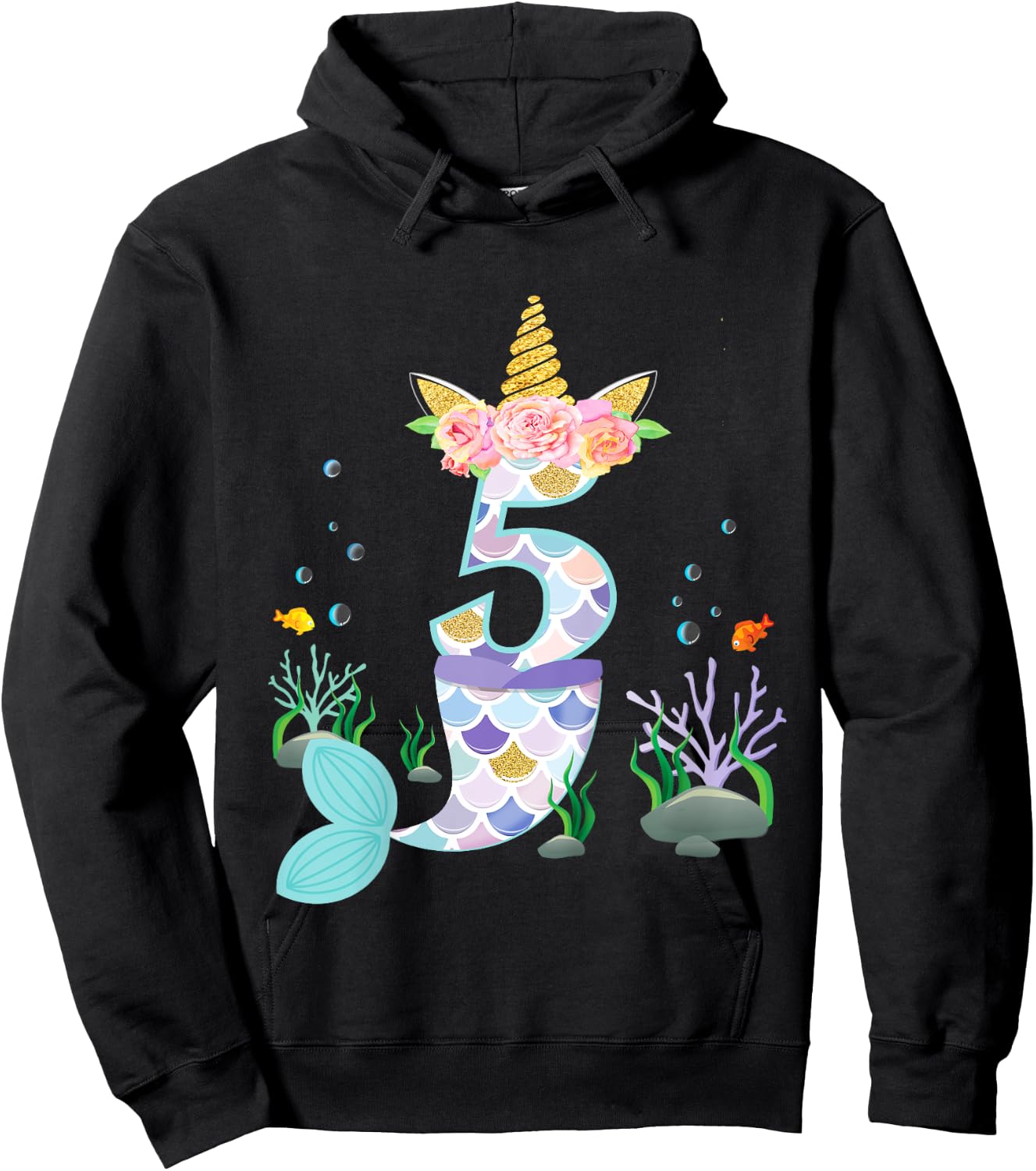 5 Year Old Unicorn Mermaid Birthday Theme Tail Girl 5th Gift Hoodie - Hoodie | Black