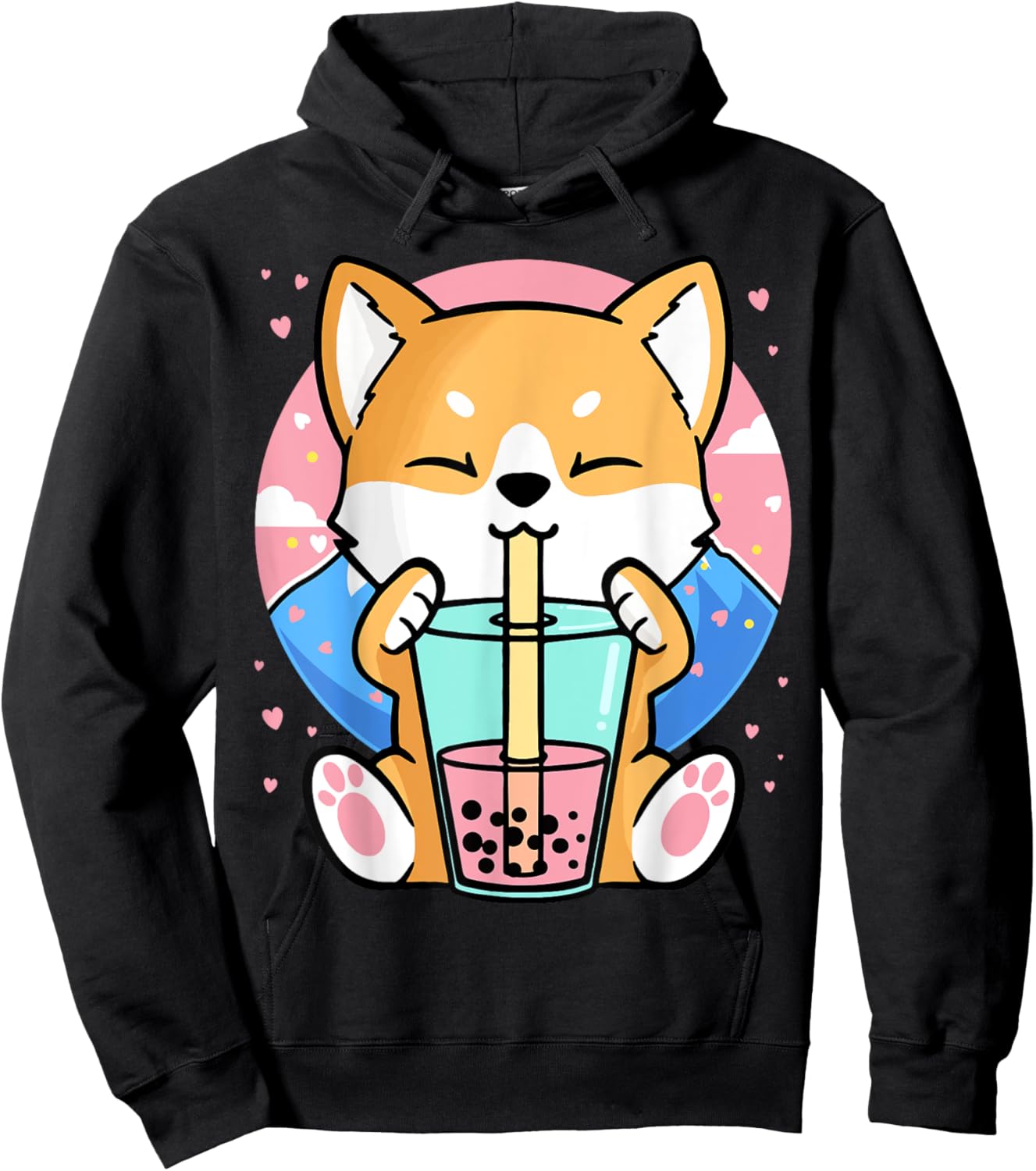 Kawaii Corgi Dog Bubble Tea Boba Anime Neko Japanese Women Girls Kids Hoodie - Hoodie | Black