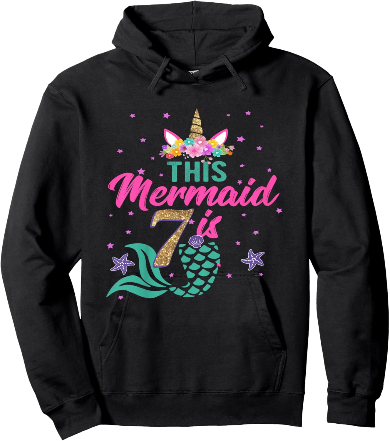 Kids 7th Birthday Girl Unicorn Shirt Mermaid Tail 7 Years Old Hoodie - Hoodie | Black