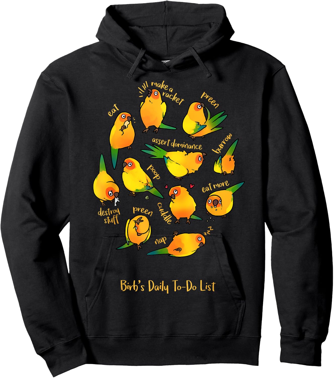 Birbber Sun Conure's Daily To-Do List - Kids Adults Black Cotton Short Sleeve Hoodie - Hoodie | Black