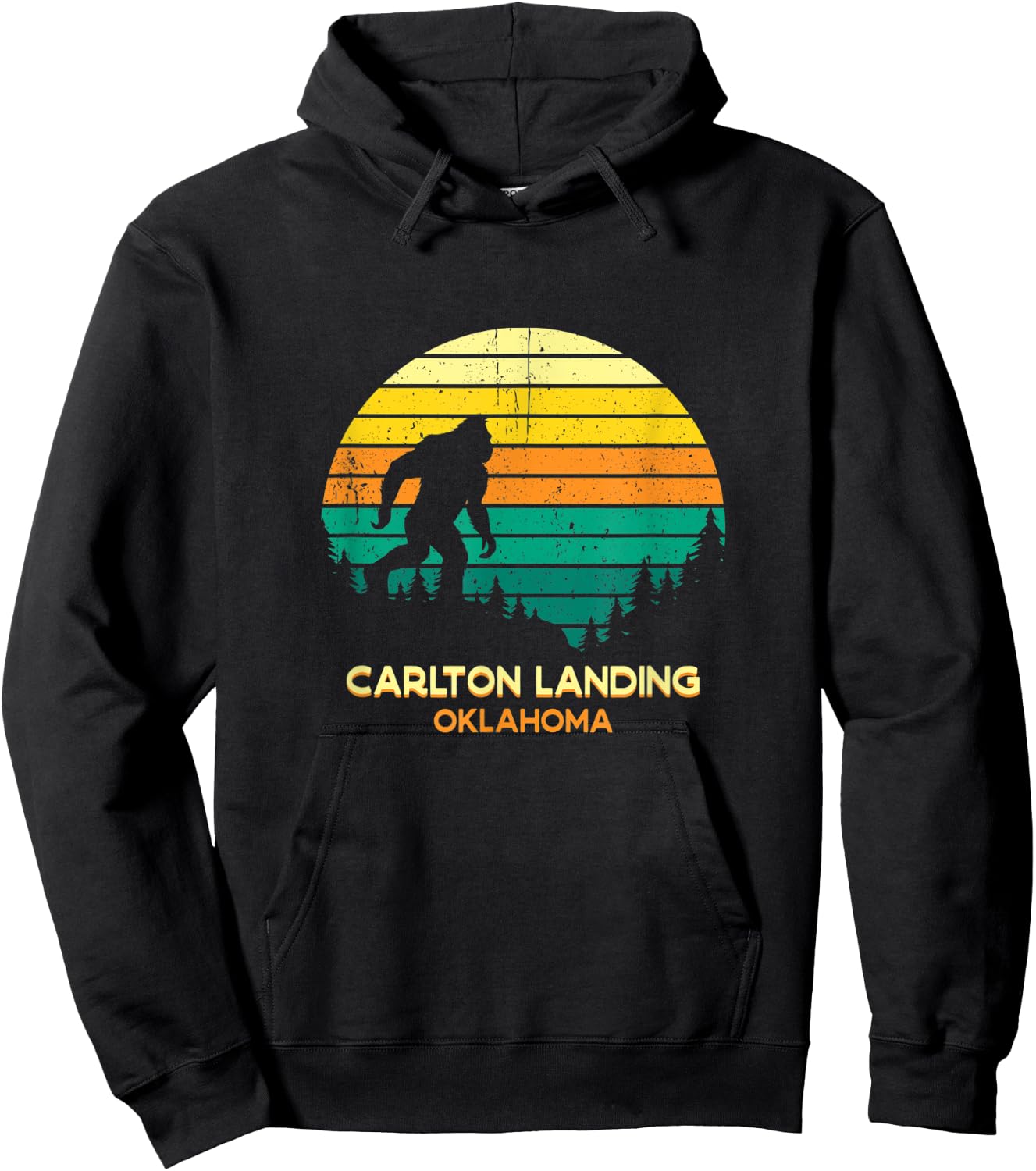 Retro Carlton Landing, Oklahoma Bigfoot Souvenir Hoodie - Hoodie | Black