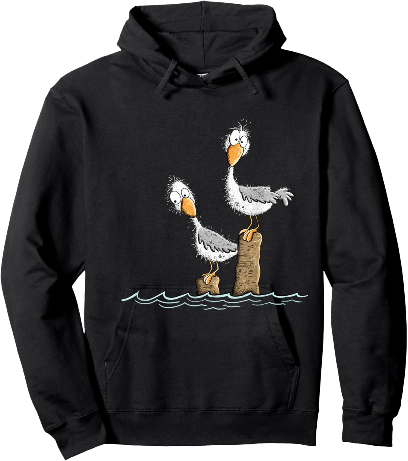Funny Gulls on the Wharf Design Cartoon Sea Bird , Black, S Hoodie - Hoodie | Black