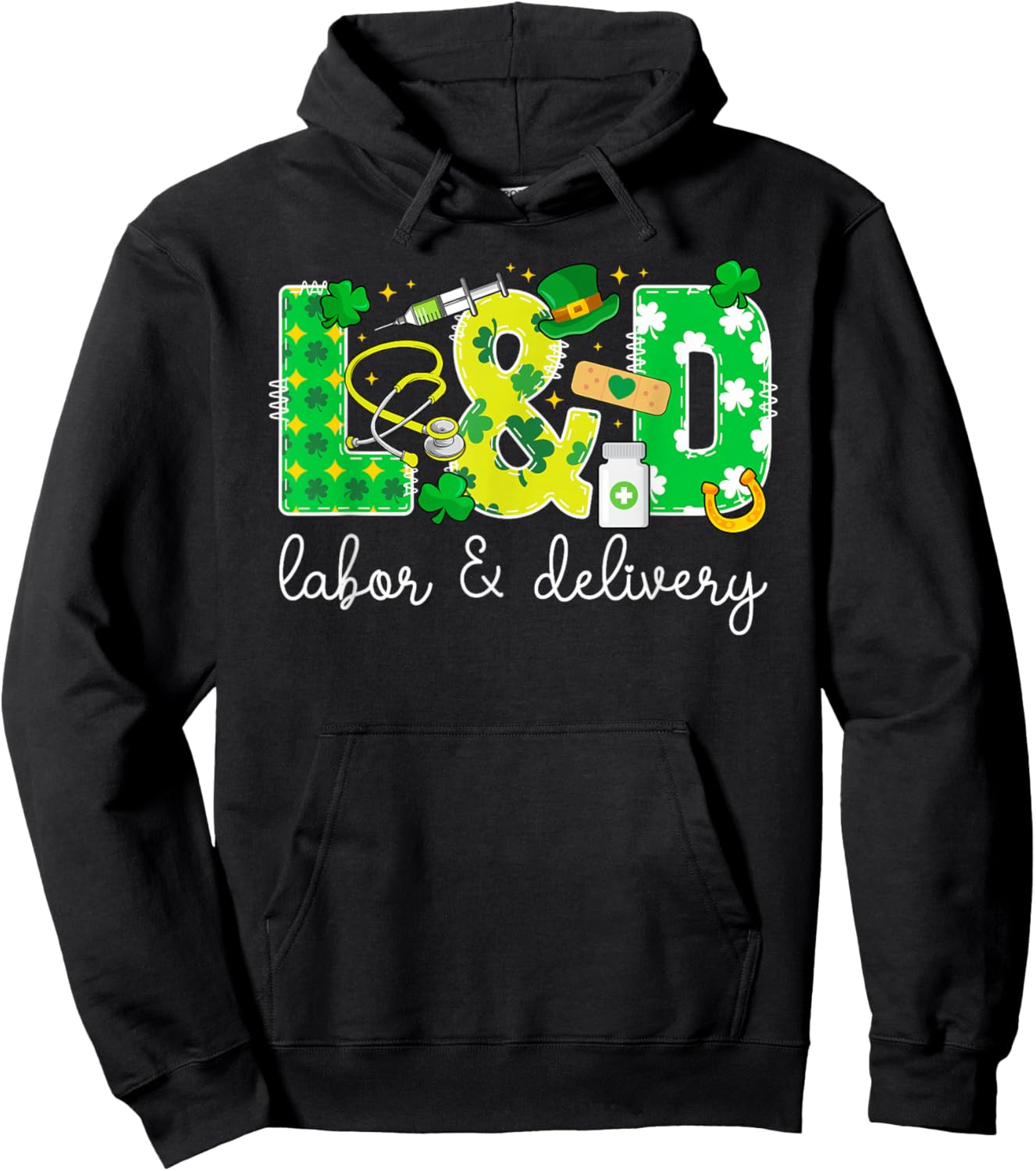 L&D St. Patrick's Day Labor And Delivery Nurse Shamrock Hoodie - Hoodie | Black