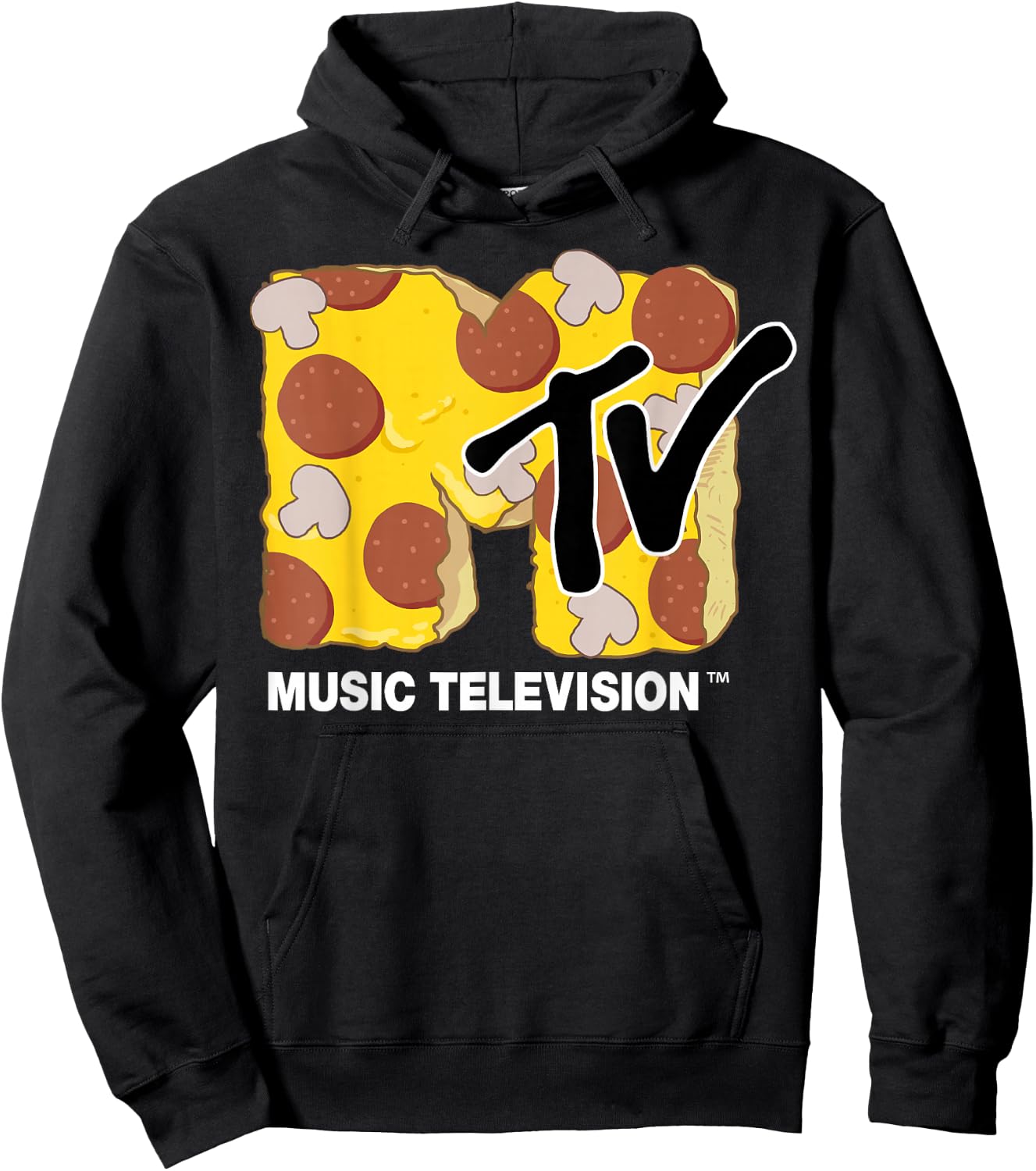 MTV Mushroom and Pepperoni Pizza MTV Logo Graphic Hoodie - Hoodie | Black