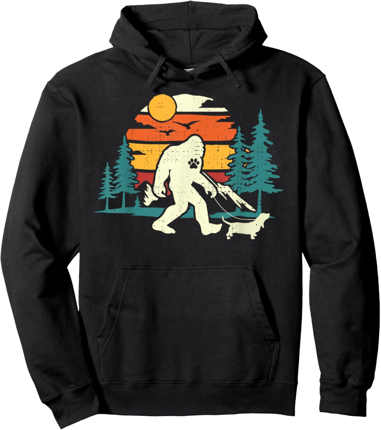 Retro Bigfoot Walking Basset Hound Dog Walker Sasquatch Women Girls Kids Hoodie - Hoodie | Black