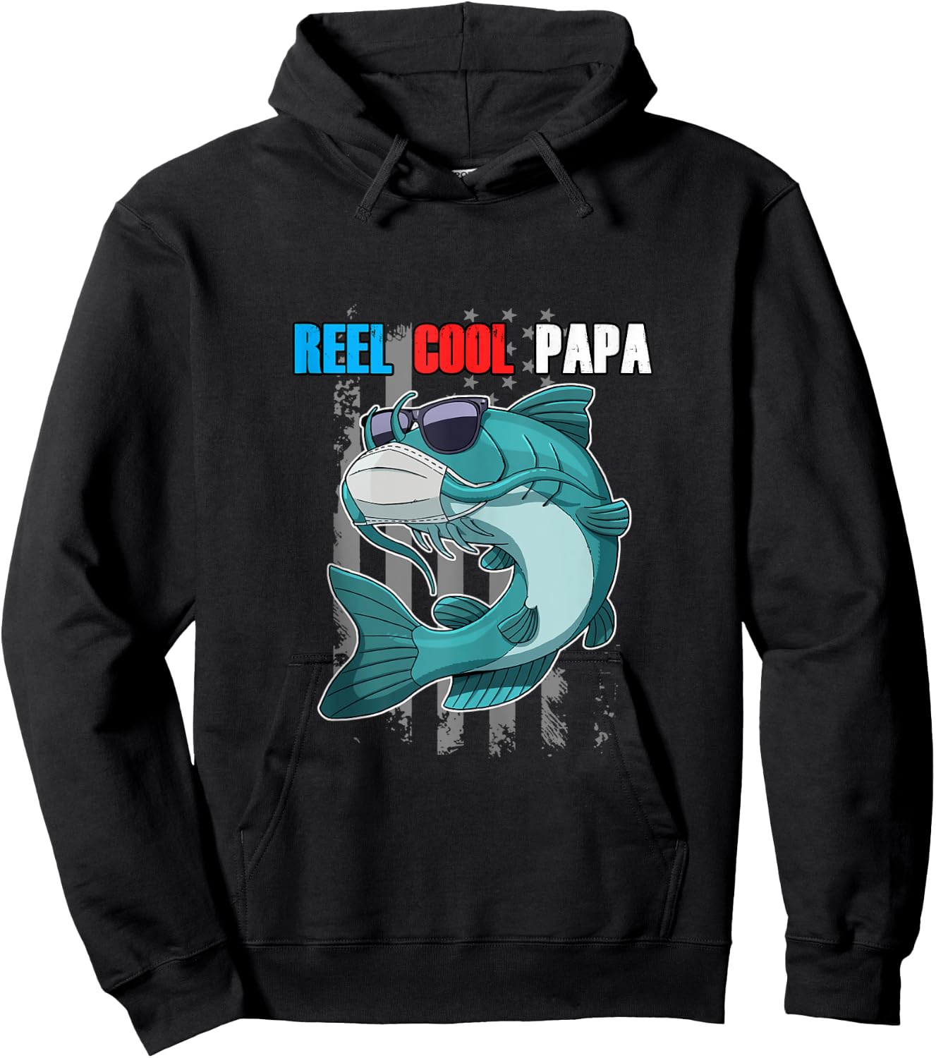 Reel Cool Papa Fish In Mask Sunglasses USA Flag Fishing Hoodie - Hoodie | Black