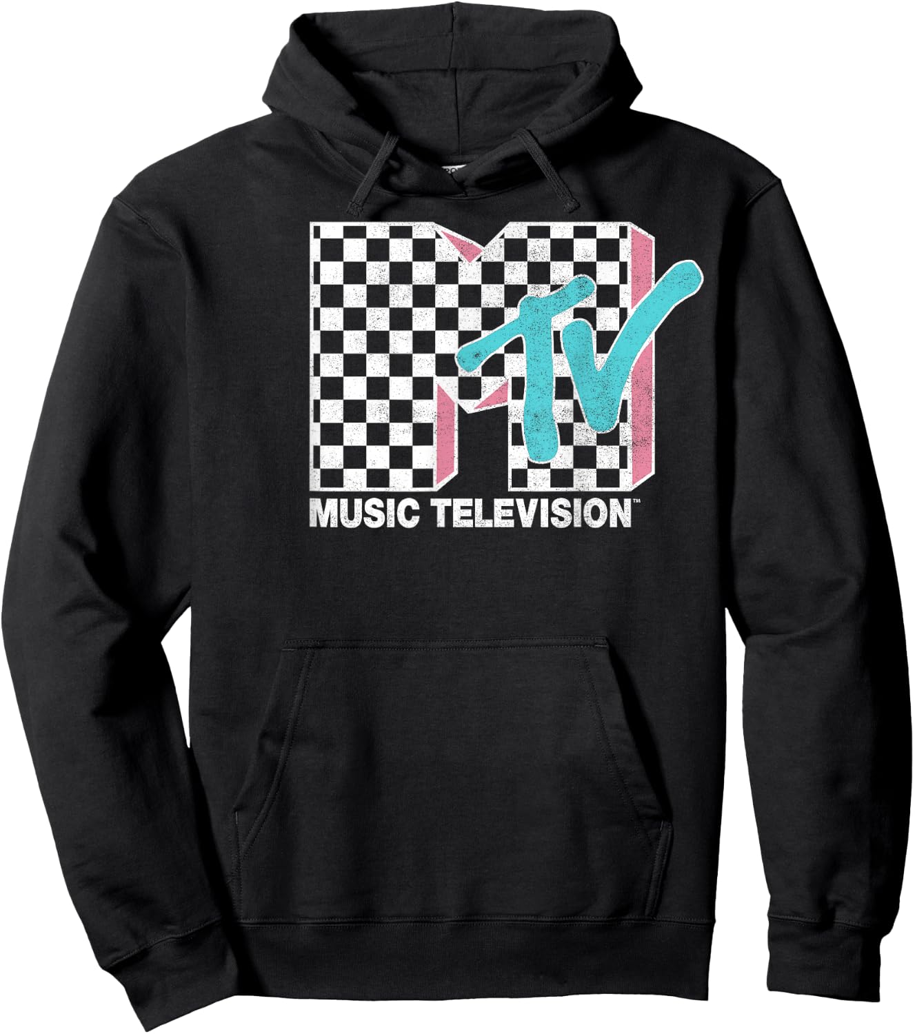 MTV Neon Distressed Checkered Logo Graphic Hoodie - Hoodie | Black
