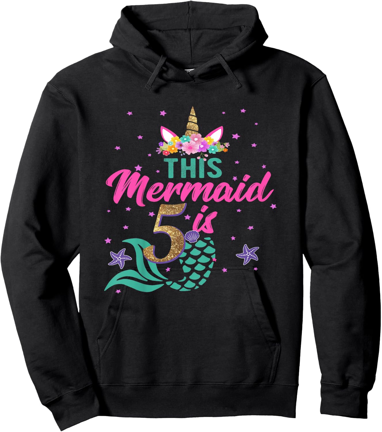 5th Birthday Girl Unicorn Shirt Mermaid Tail 5 Years Old Hoodie - Hoodie | Black