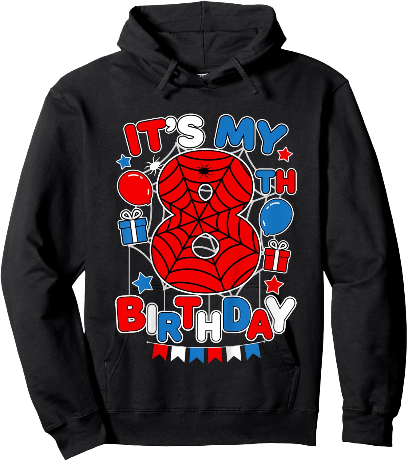 Kids It's My 8th Birthday Spider Theme Party 8 Year Old Boys Kids Hoodie - Hoodie | Black