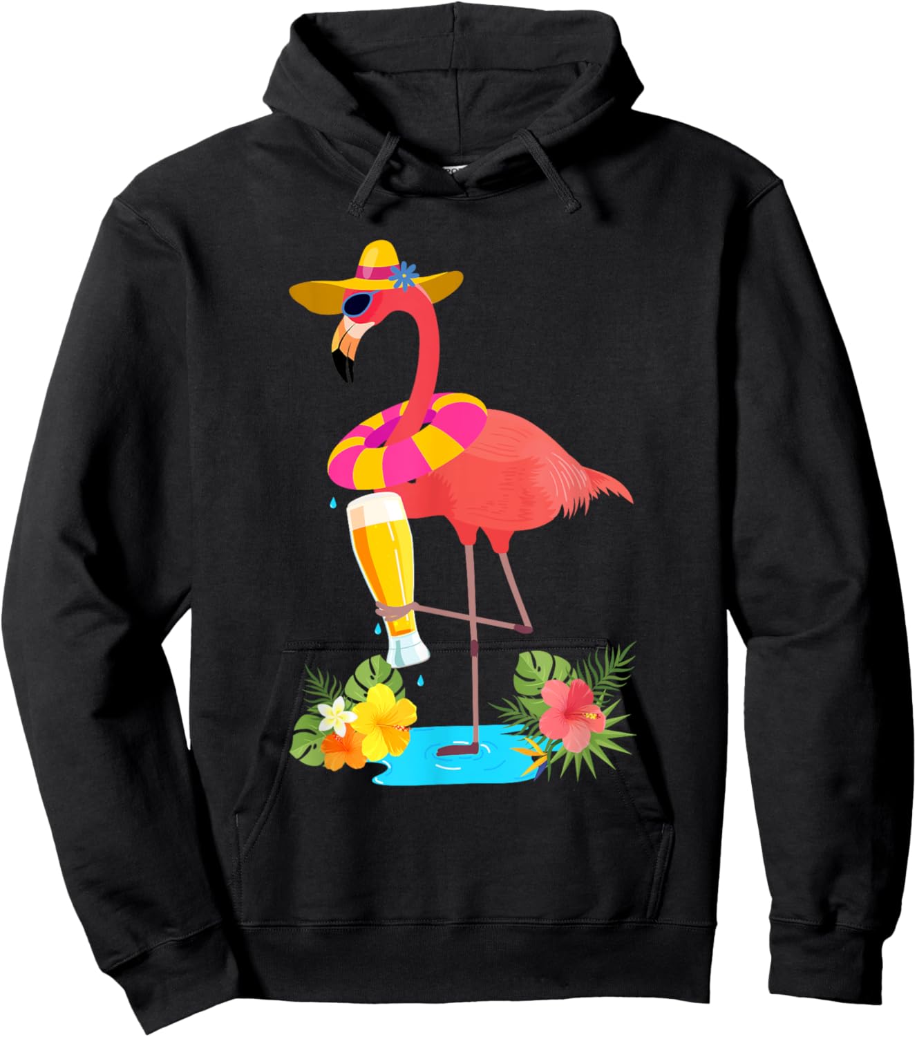 Pink Flamingo Drinking Beer Summer Vacation Beer Lover Hoodie - Hoodie | Black