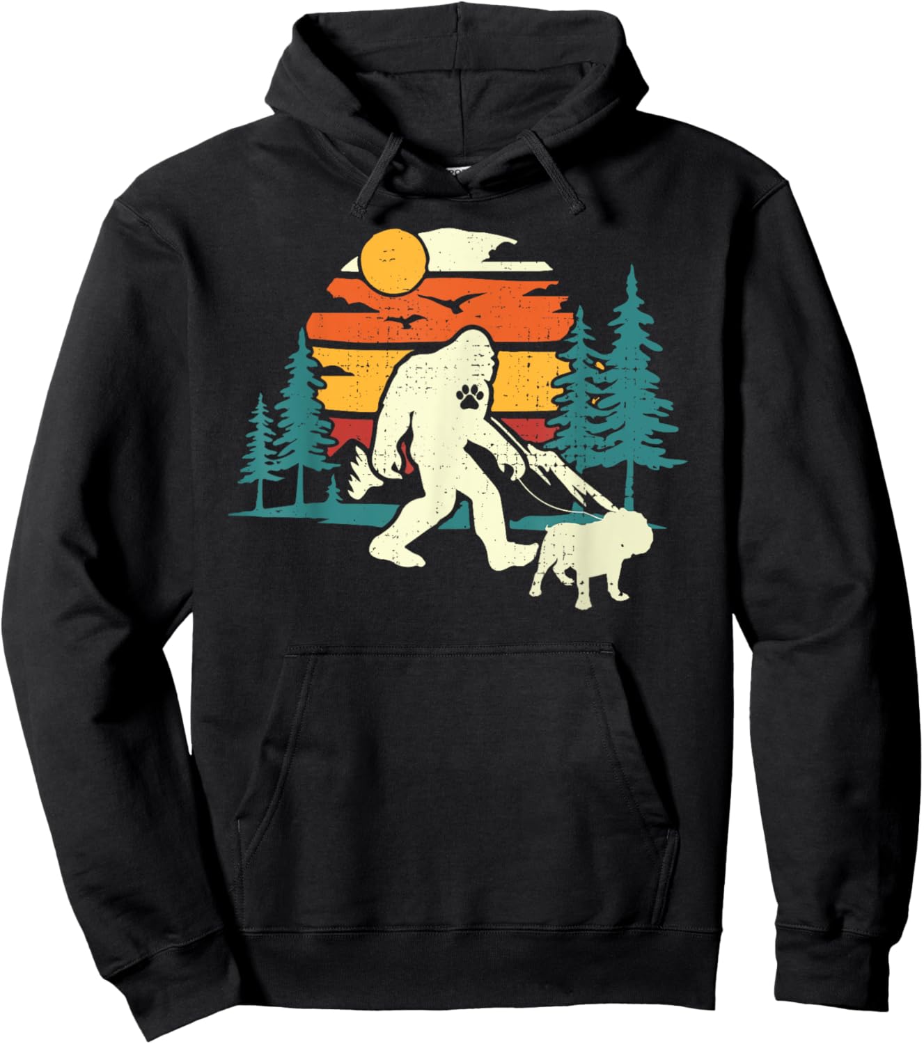 Retro Bigfoot Walking English Bulldog Dog Walker Sasquatch Men Women Girls Kids Hoodie - Hoodie | Black