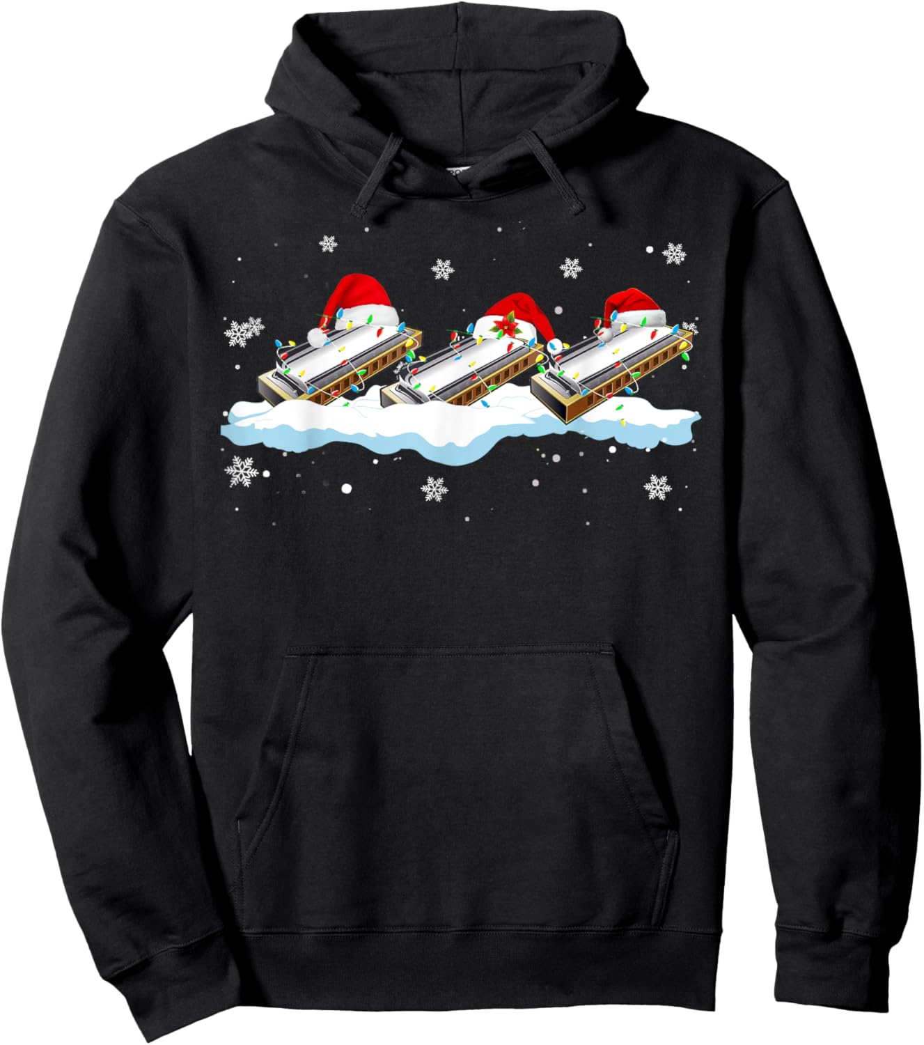 Santa Harmonica Christmas Lights Funny Harmonica Lover Gifts Hoodie - Hoodie | Black
