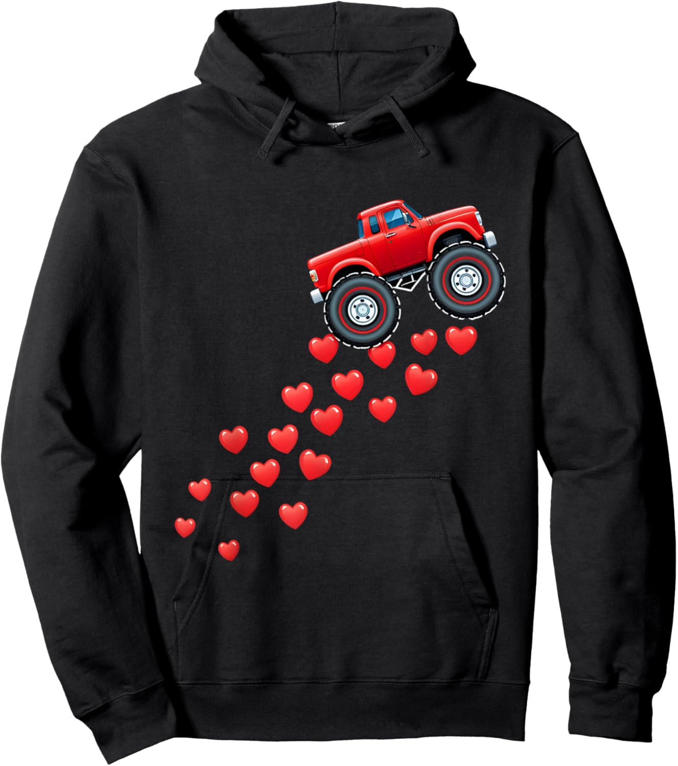 Cute Valentine's Day Monster Truck Hearts Boys Kids Toddler Hoodie - Hoodie | Black