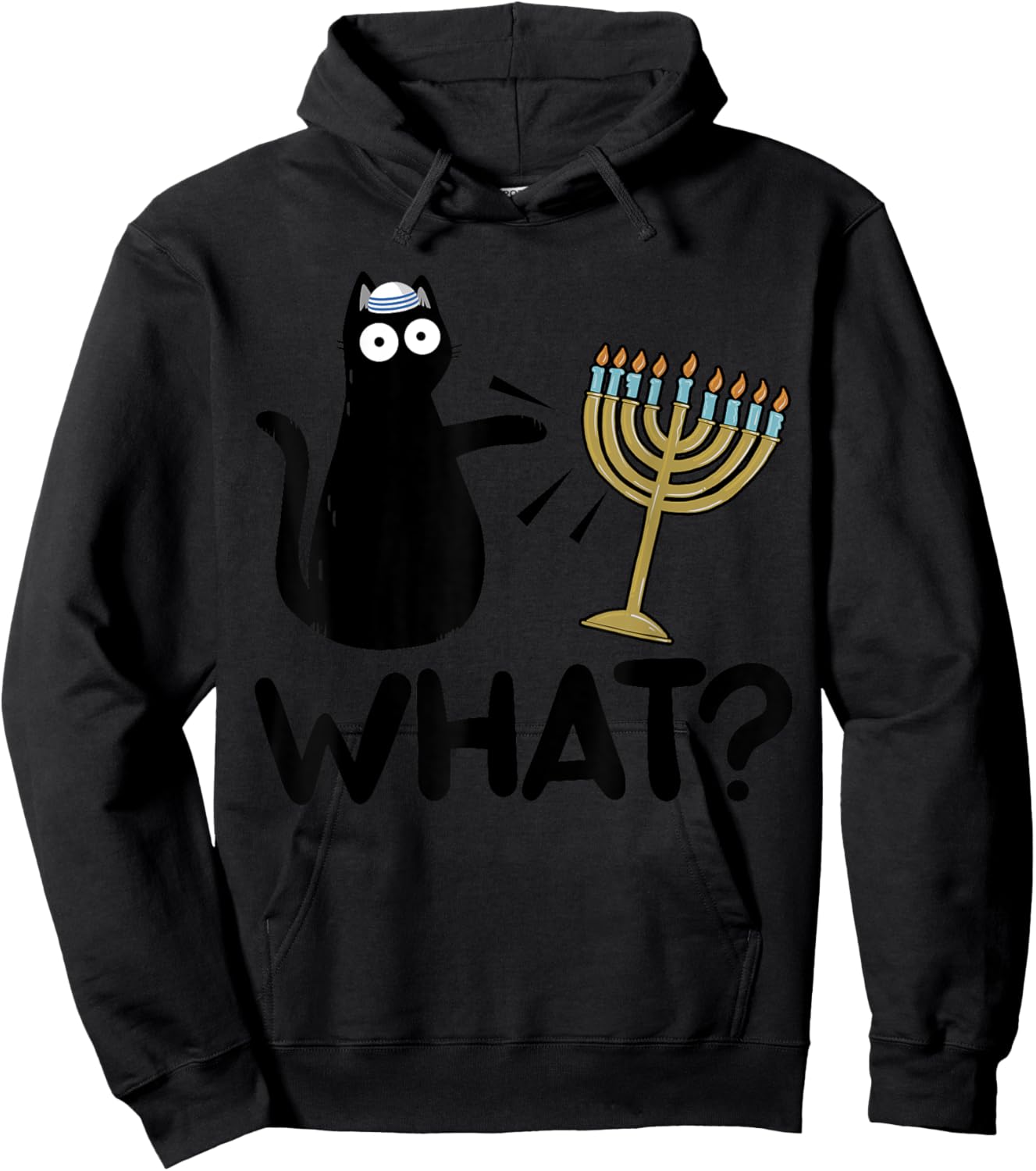 Hanukkah Cat Pushing Menorah Funny Jewish Cat What Hoodie - Hoodie | Black