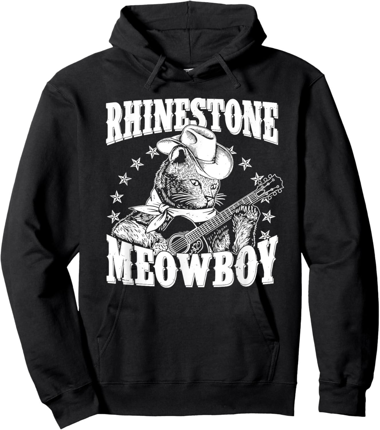 Meowboy Funny Meow Cowboy Cat Playing Guitar Country Music Hoodie - Hoodie | Black
