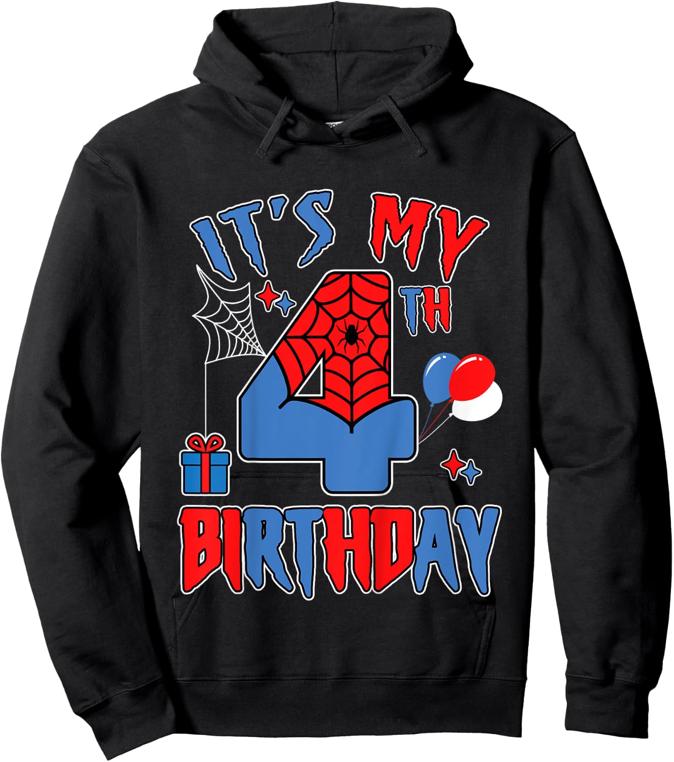 Kids 4th Birthday Spider Web Theme Party four 4 Year Bday Boy Hoodie - Hoodie | Black
