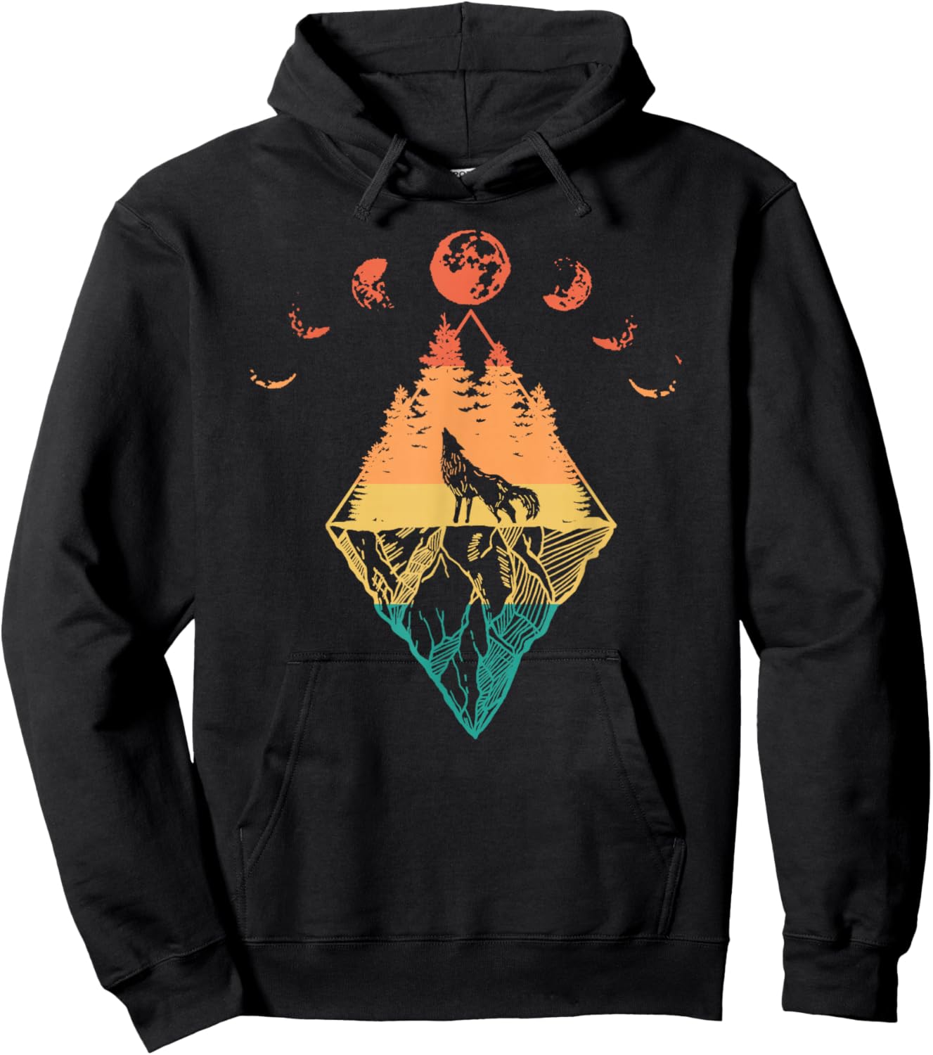 Howling Wolf Phases Of The Moon Retro Hoodie - Hoodie | Black