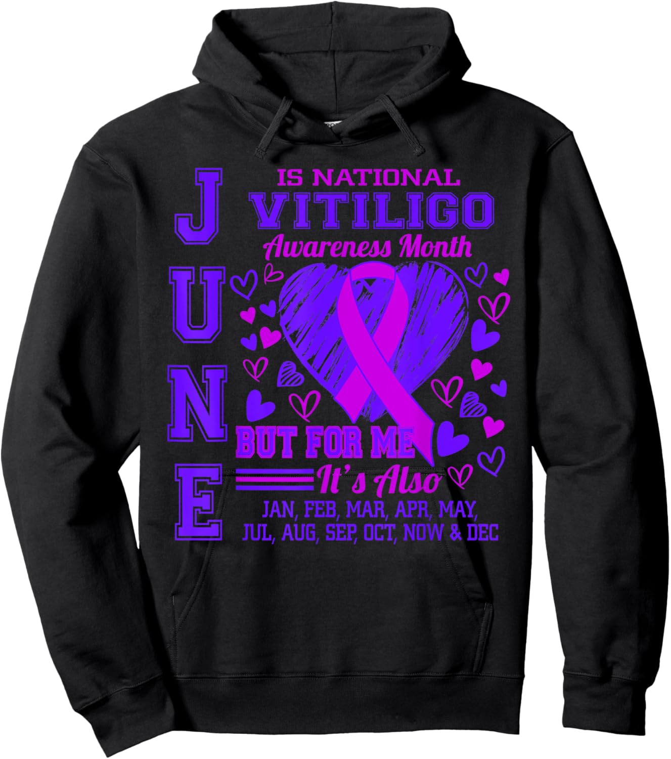 June is National Vitiligo Awareness Month Purple Ribbon Hoodie - Hoodie | Black
