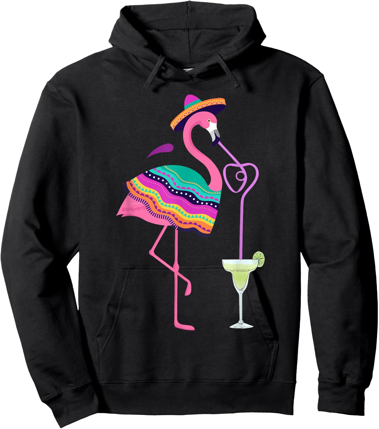 Flamingo Drinking Margarita Mexican Poncho Cinco De Mayo Hoodie - Hoodie | Black