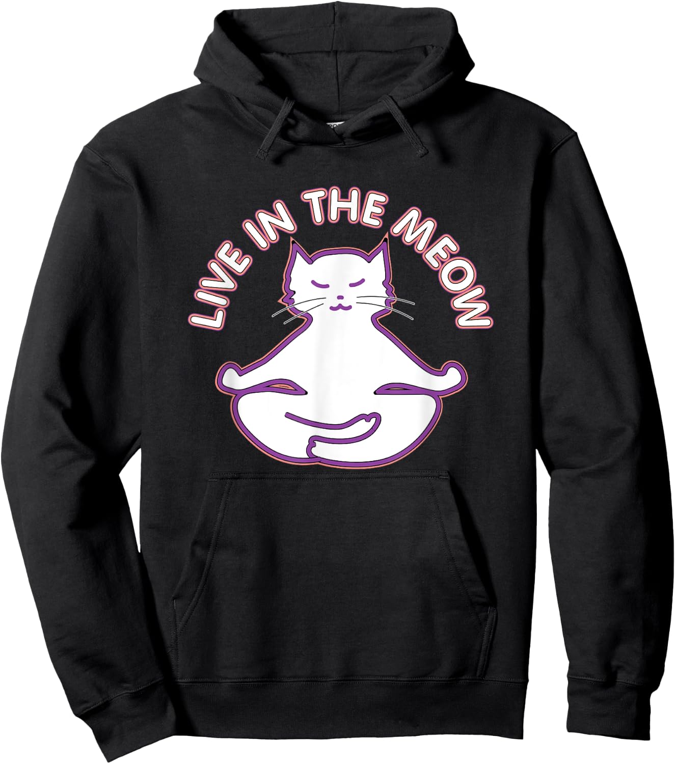 Yoga Teacher Gifts LAD Graphics Yoga Cat 'Live In The Meow' Yogi Kitty Meditation Black Women's Classic Fit Short Sleeve Hoodie - Hoodie | Black