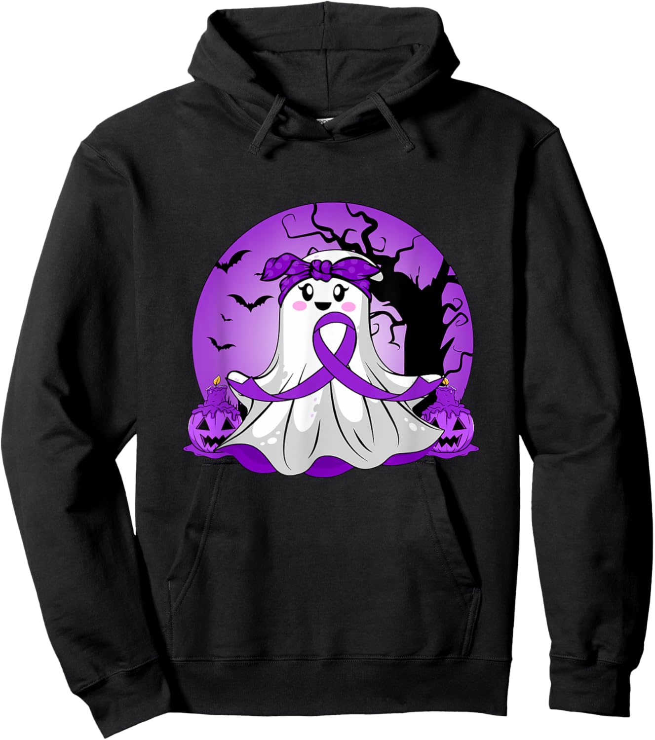 Pancreatic Cancer Halloween Ghost Purple Ribbon Awareness Hoodie - Hoodie | Black