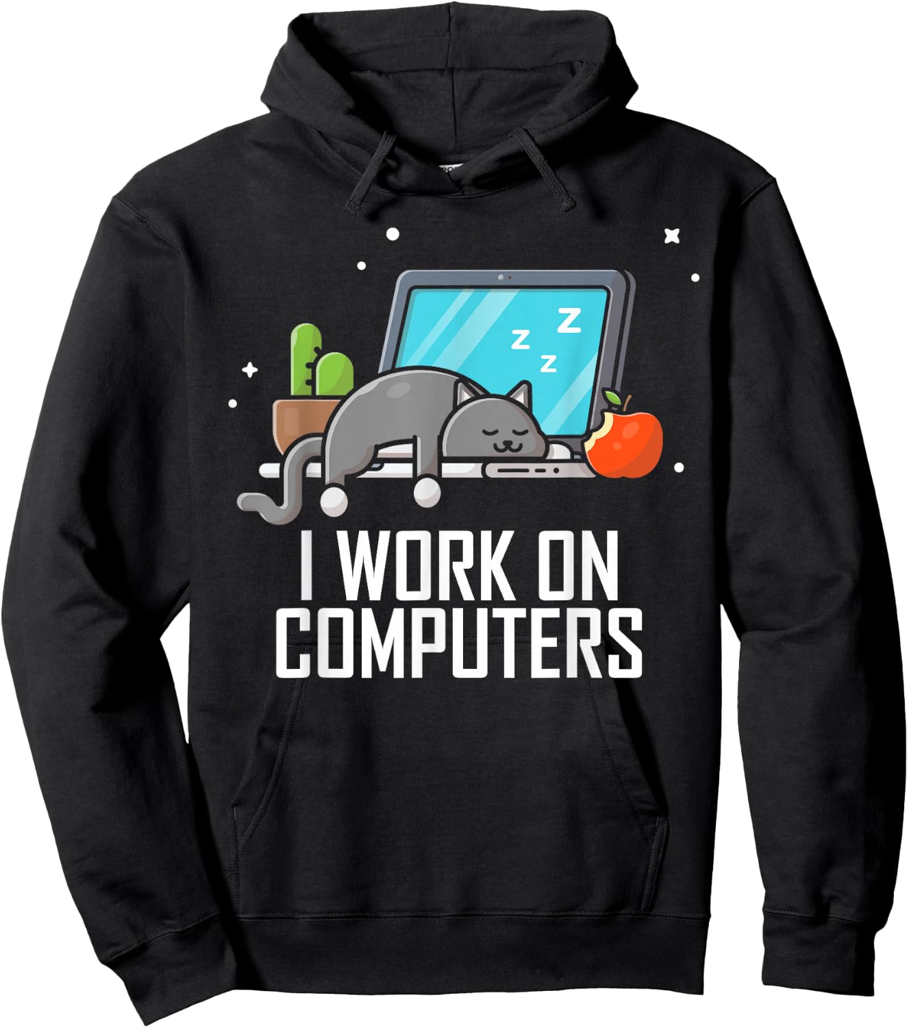 I Work on Computers Funny Cute Tech Coding Cat Working Hoodie - Hoodie | Black