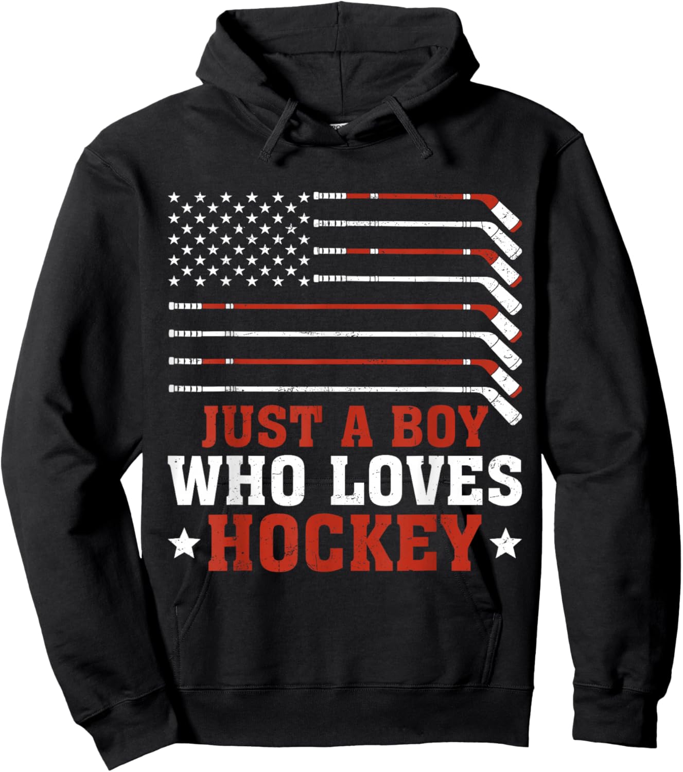 Just A Boy Who Loves Hockey USA Flag Vintage Ice Hockey Hoodie - Hoodie | Black