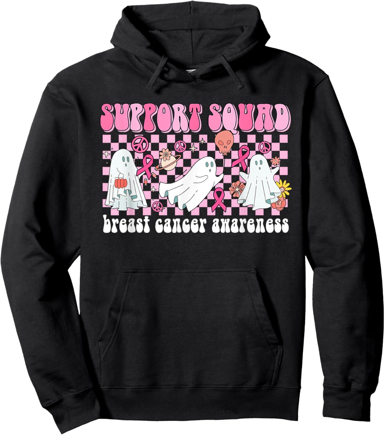 Groovy Halloween Cute Pink Ghost Breast Cancer Support Squad Hoodie - Hoodie | Black