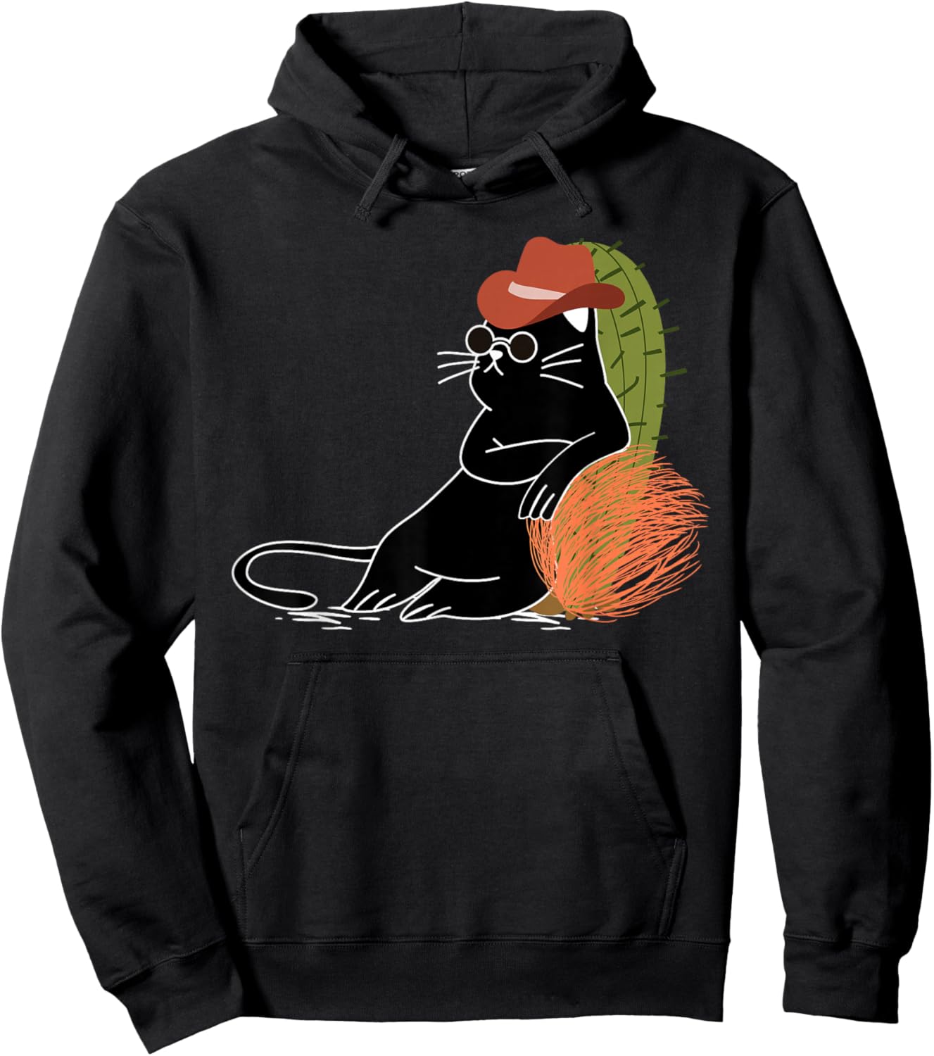 Relaxed Cowboy Cat Amidst Cactus and Wild West Tumbleweeds Hoodie - Hoodie | Black