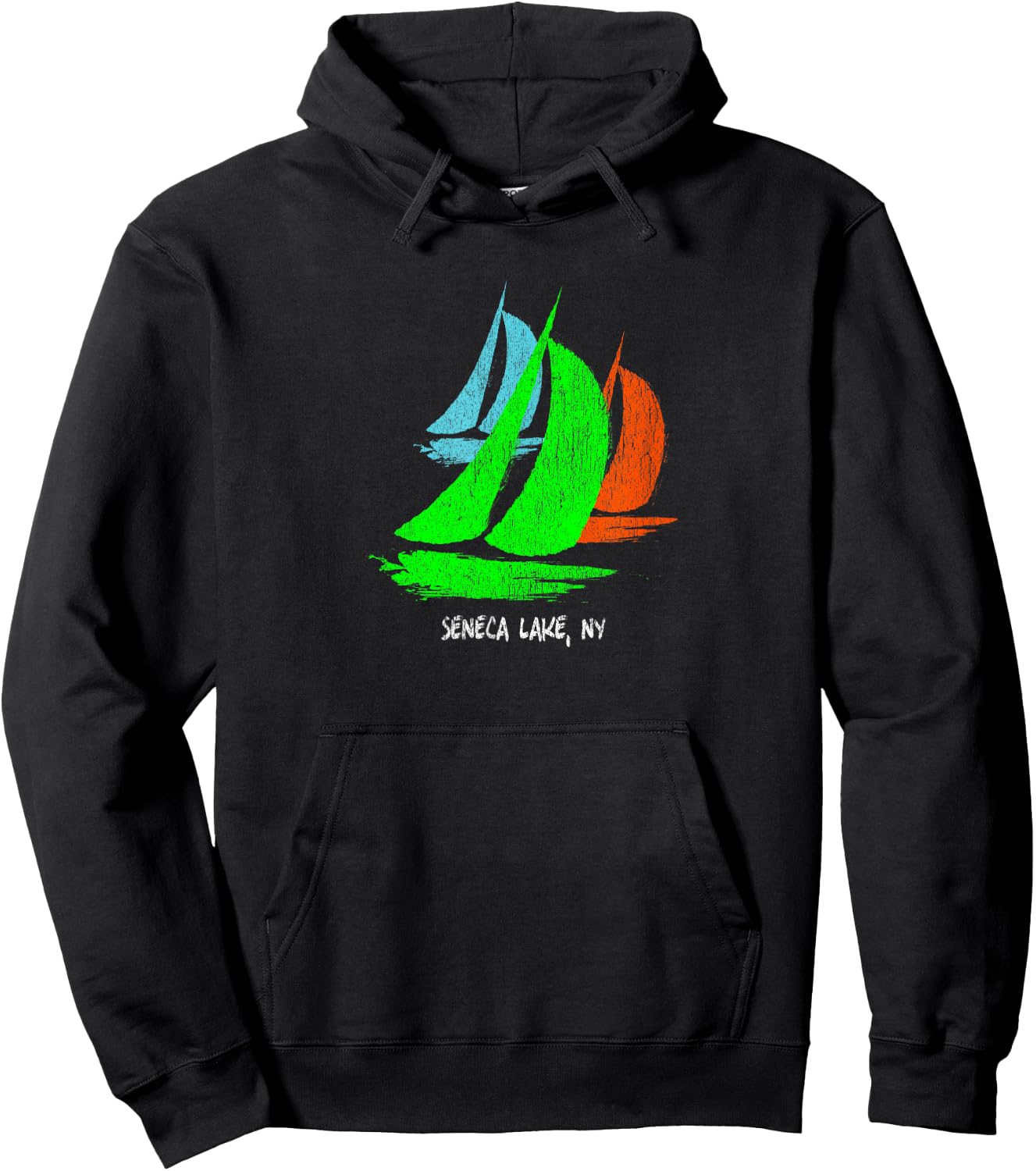 Vintage 80's 90's Style Seneca Lake, NY Sailing Hoodie - Hoodie | Black