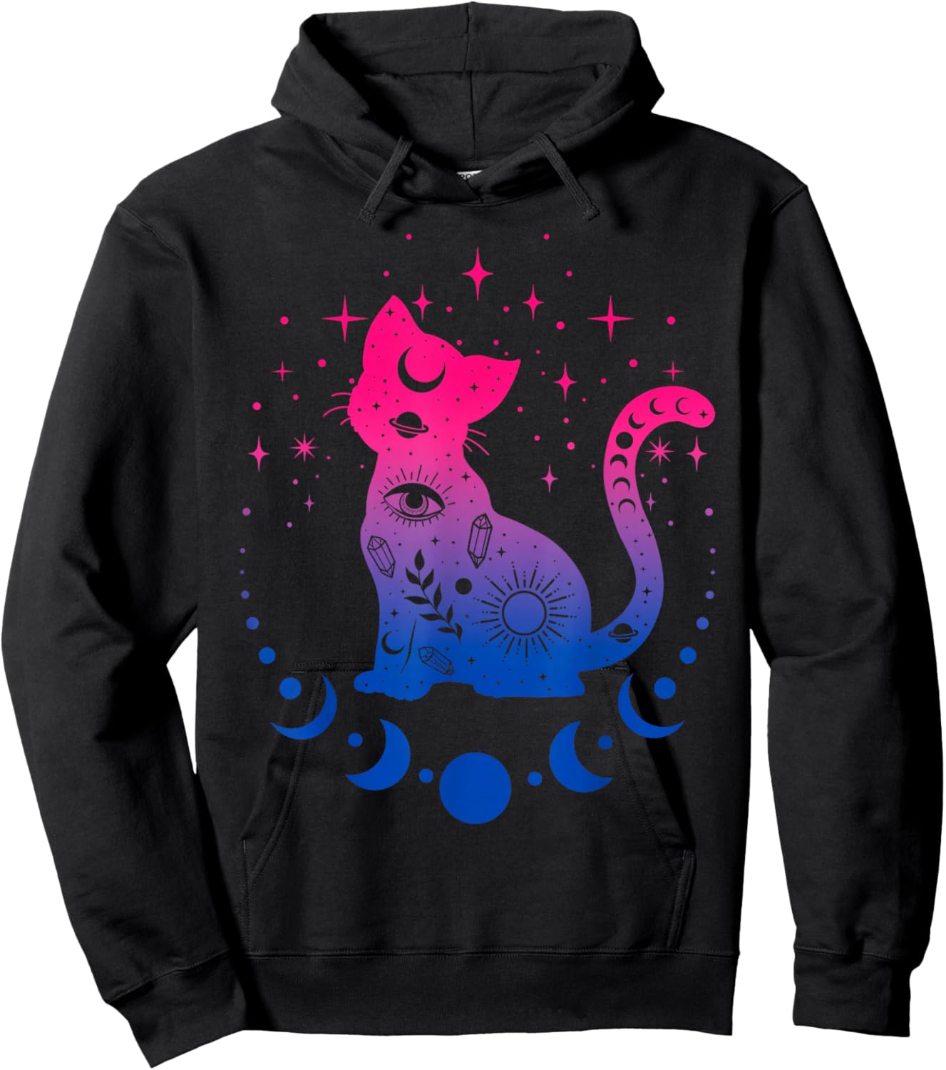 Celestial Bisexual Astrology Cat Colours of Bi Pride Flag Hoodie - Hoodie | Black
