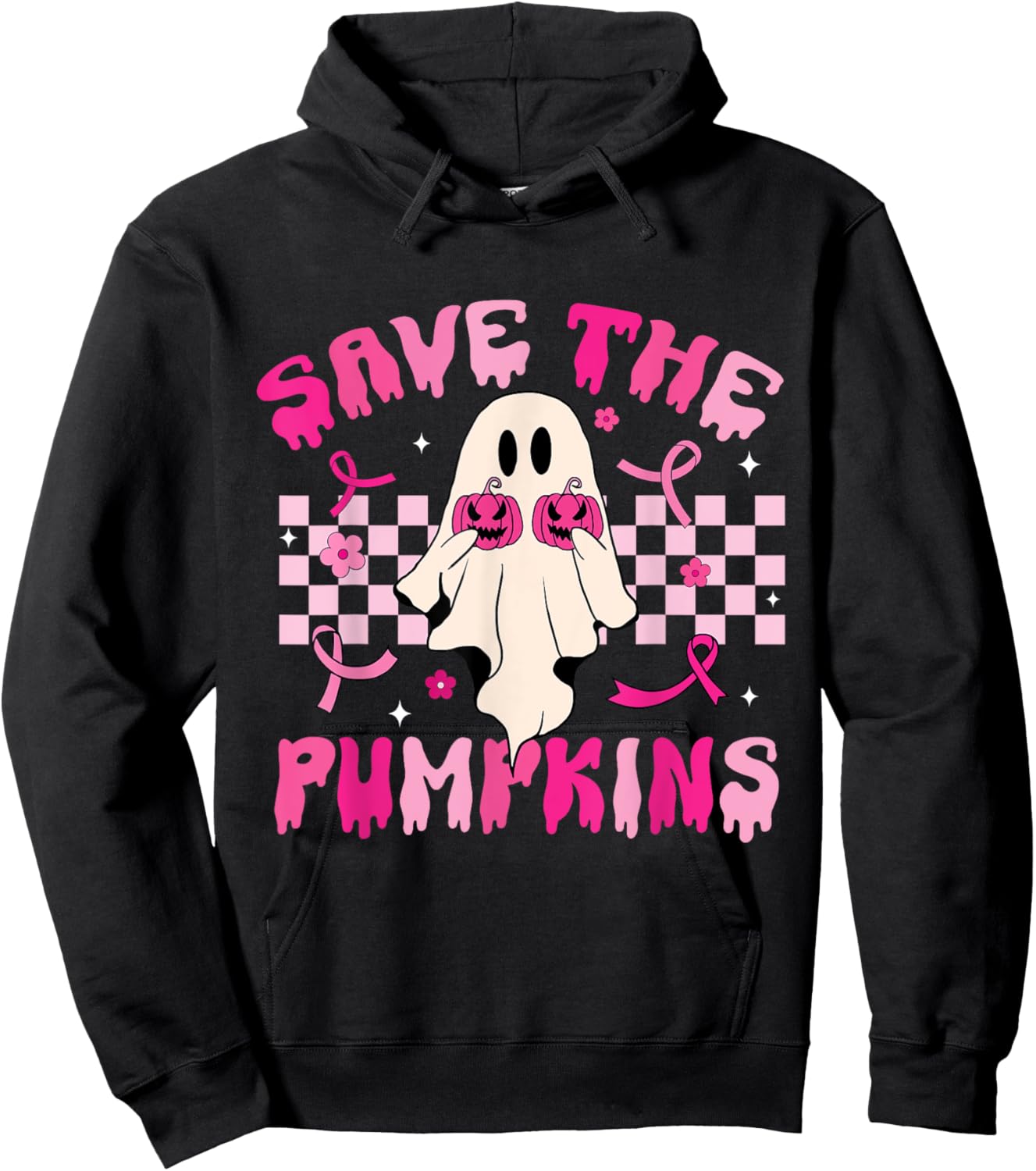 Rero Groovy Save The Pumpkins Ghost Breast Cancer Awareness Hoodie - Hoodie | Black
