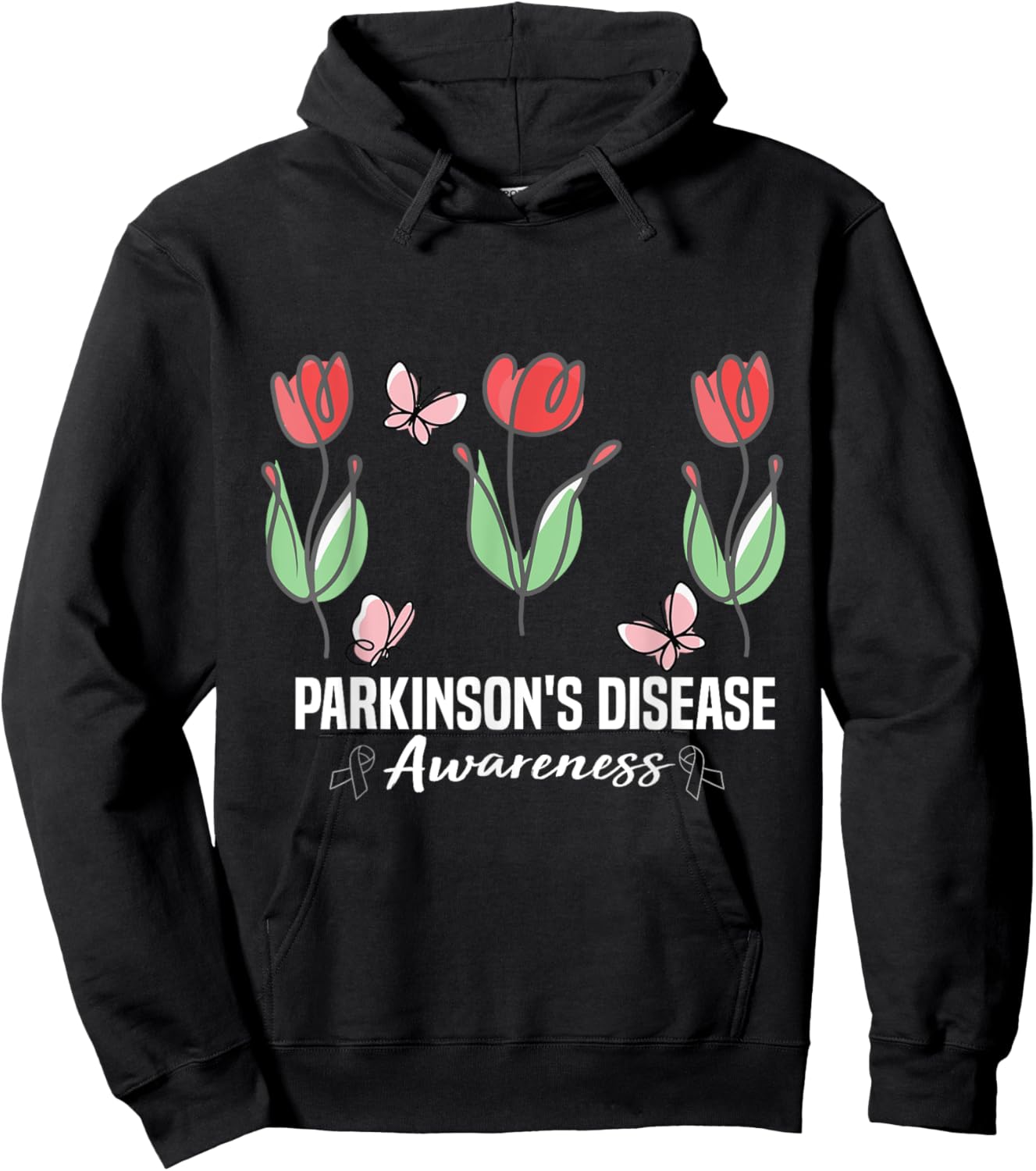 Parkinson's Disease Awareness Month Red Tulips Butterfly Hoodie - Hoodie | Black