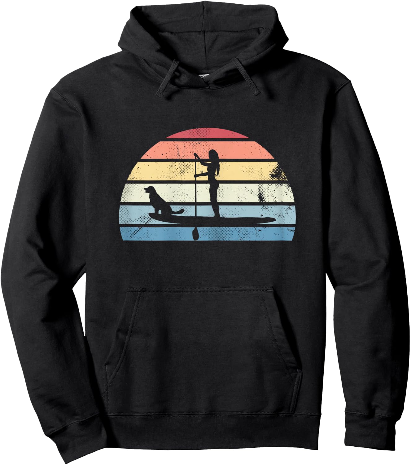 Retro Paddleboarding Girl with Dog Sunset Gift Hoodie - Hoodie | Black