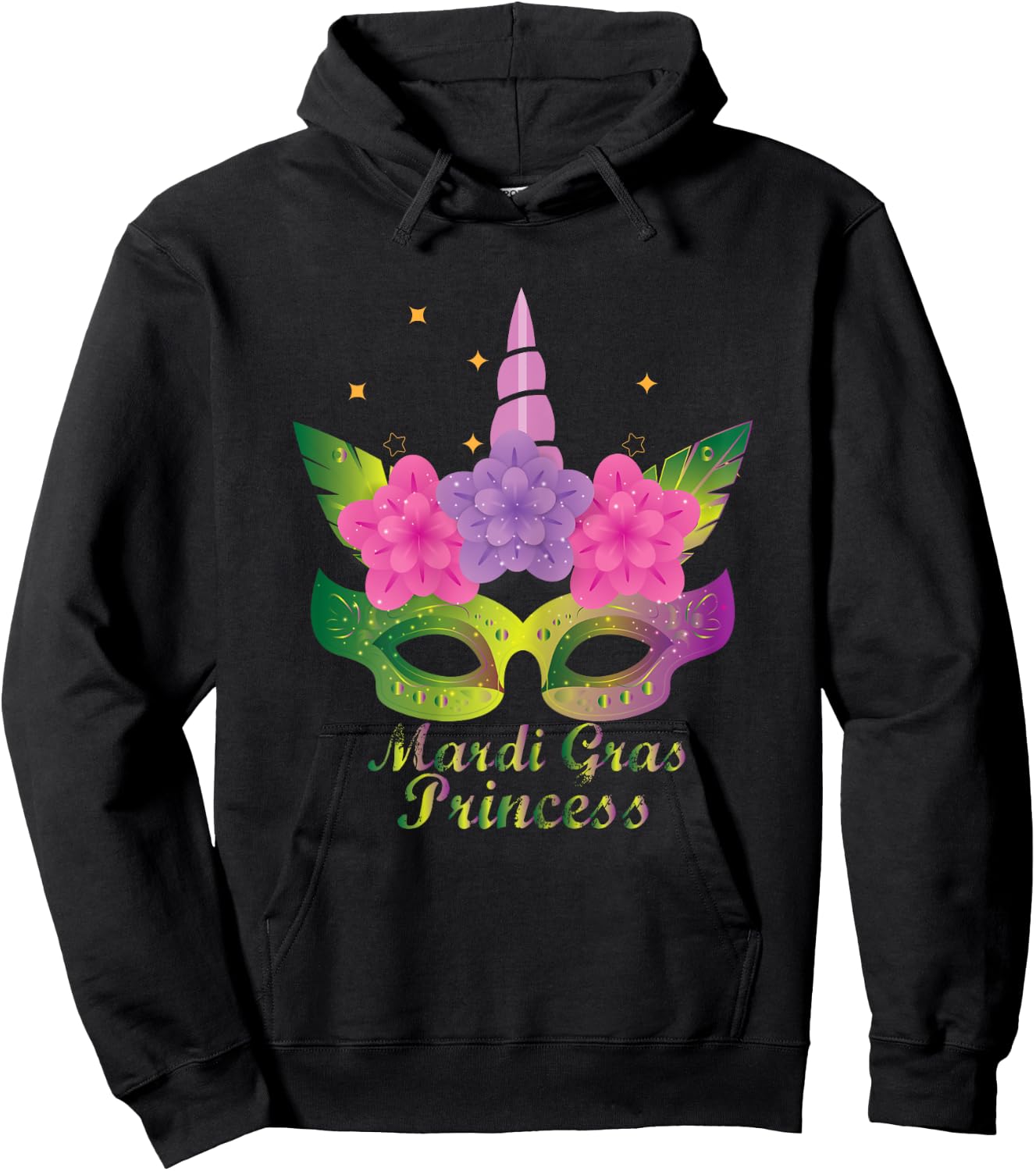 Mardi Gras Princess T Shirt With Flower Unicorn Mask T Shirt Hoodie - Hoodie | Black