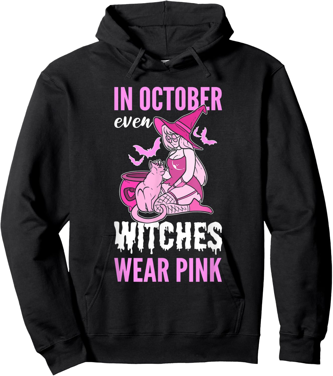 In October Even Witches Wear Pink Breast Cancer Pink Ribbon Hoodie - Hoodie | Black