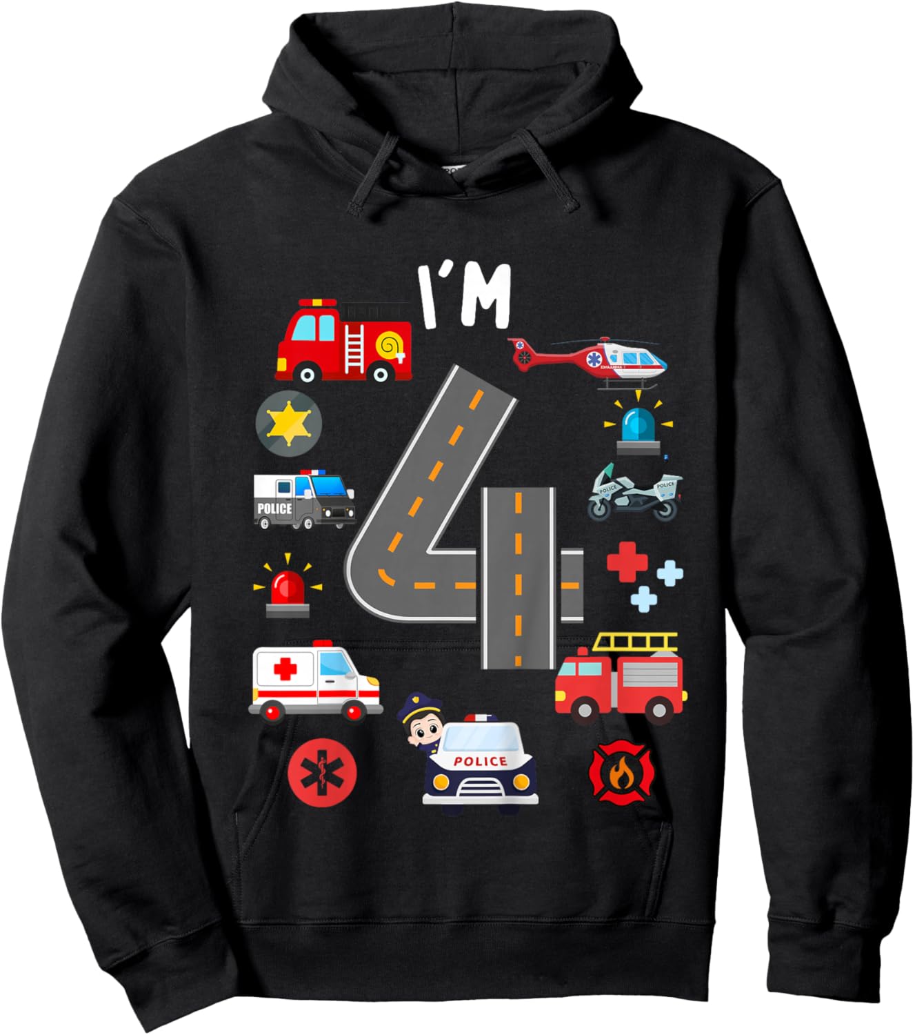 Kids 4th Birthday Emergency Vehicles Boys 4Years Old Toddler Kids Hoodie - Hoodie | Black